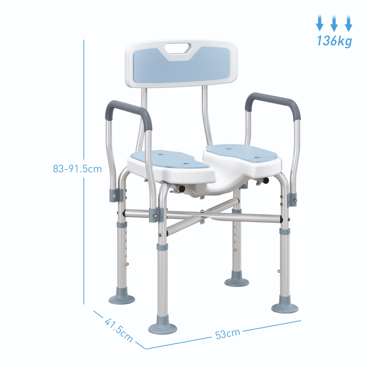 HOMCOM Padded Bath Chair with Slotted Seat and Adjustable Height – Aluminium Shower Seat with Handles