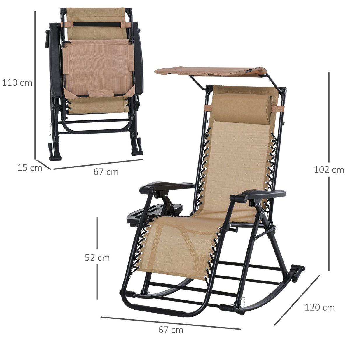 Folding Zero-Gravity Recliner Rocker with Canopy, Padded Headrest and Side Tray – Outdoor Lounge Chair