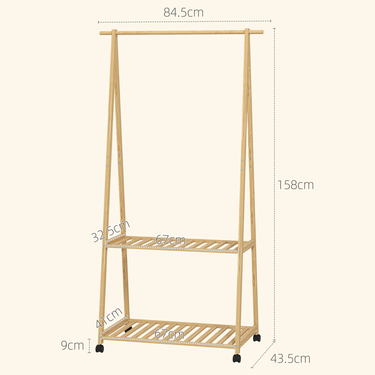 HOMCOM Bamboo Clothes Rail Rack with 2 Storage Shelves and Wheels – Compact Wardrobe, Natural Wood Effect