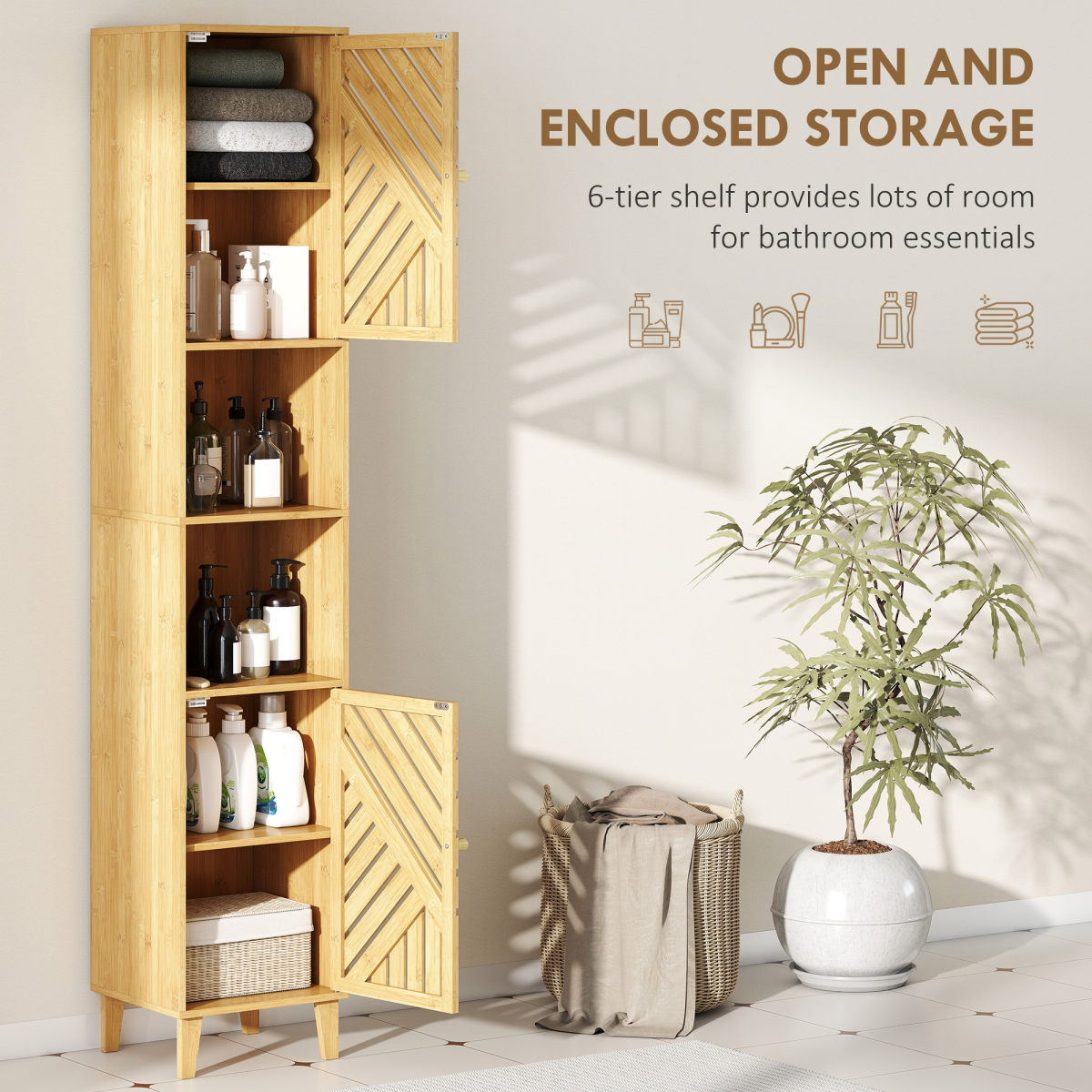 HOMCOM Tall Slim Bathroom Cabinet with Bamboo Doors, Open Compartments & Adjustable Shelves – Storage, Natural