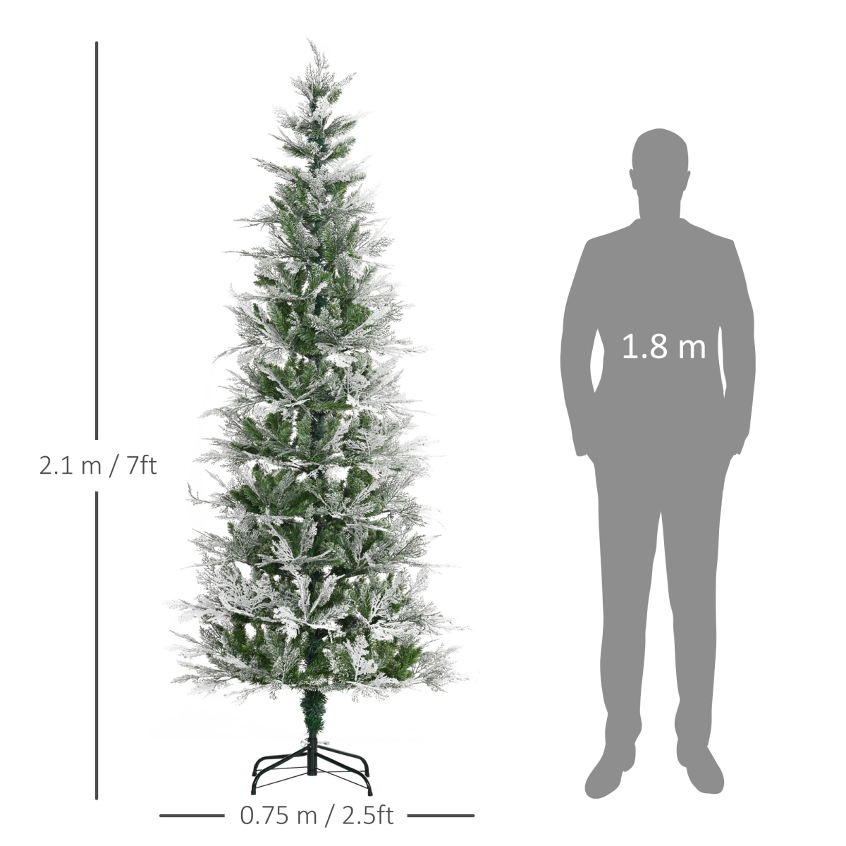 HOMCOM 7ft Snow Flocked Artificial Christmas Tree with Pencil Shape, Auto Open Branches and Metal Base
