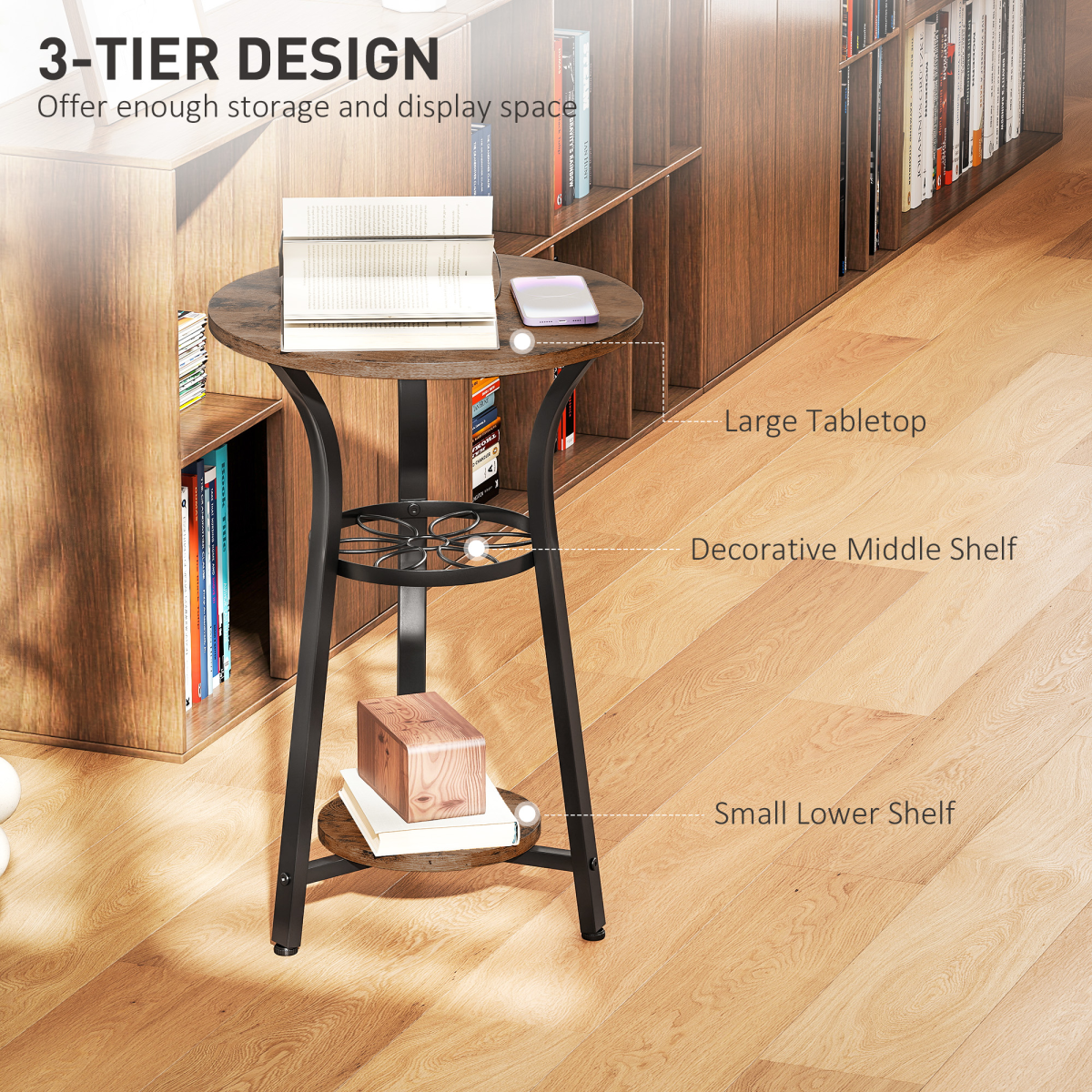 HOMCOM 3-Tier Round Side Table, 38 cm Industrial End Table with Metal Legs – Compact, Rustic Brown