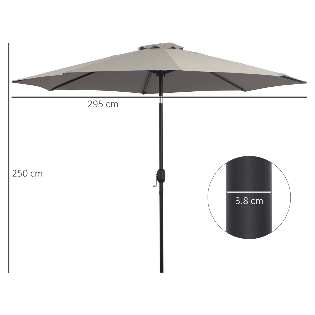 Outsunny 3m Tilt & Crank Patio Parasol with 2.95m Canopy & Steel Frame – Garden Sun Shade, Light Grey