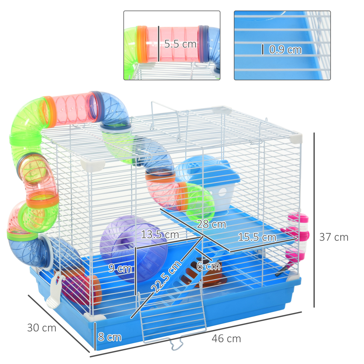 PawHut Hamster Cage Carrier with Exercise Wheel and Tunnel Tube – Small Animal House for Hamsters and Gerbils