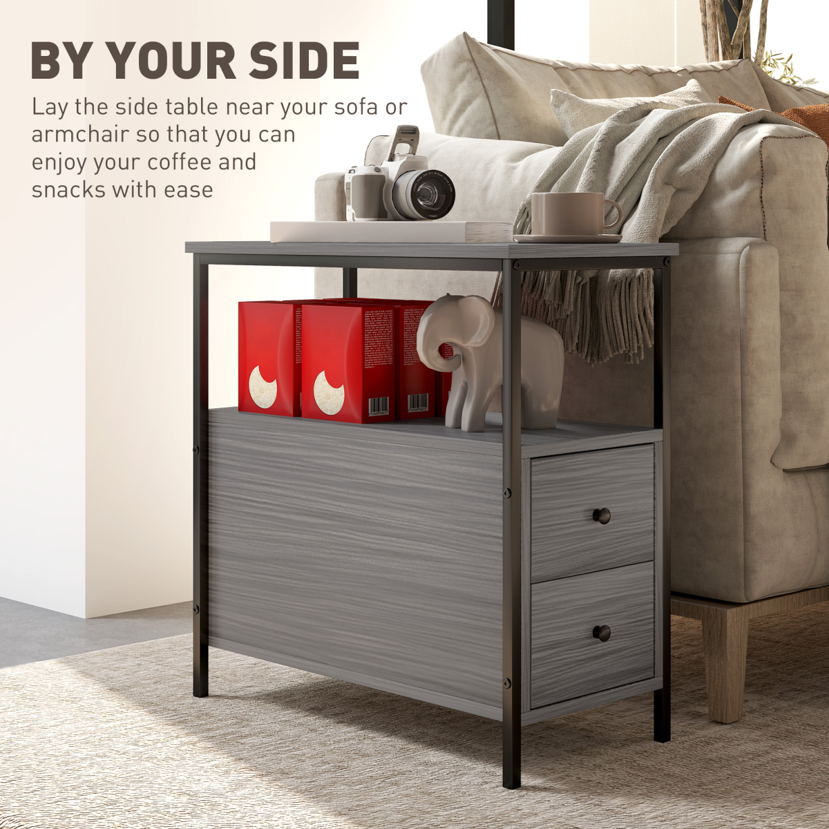 HOMCOM Narrow End Table with 2 Drawers and Storage Shelves – Industrial Sofa Side Table, Grey