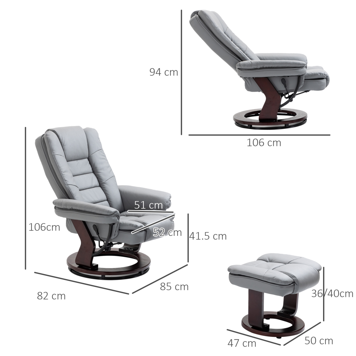 Swivel Manual Recliner & Footrest Set – 135° Recline PU Leather Lounge Chair with Wooden Base, Grey