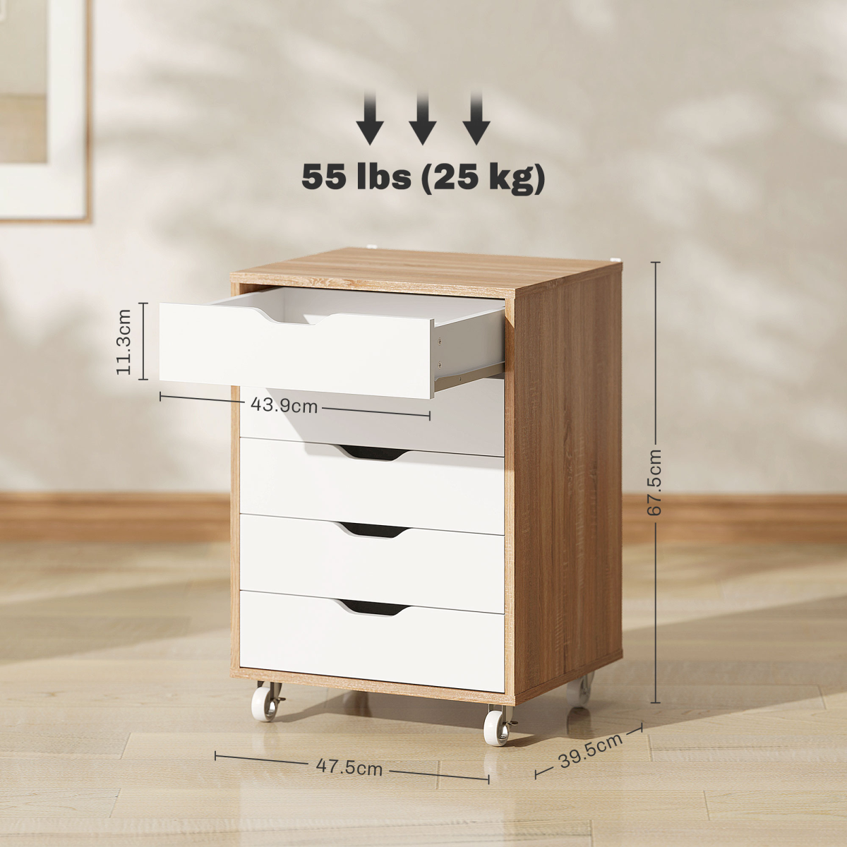 Vinsetto Mobile Filing Cabinet with 5 Drawers and Lockable Wheels – Home Office Storage Unit, Oak