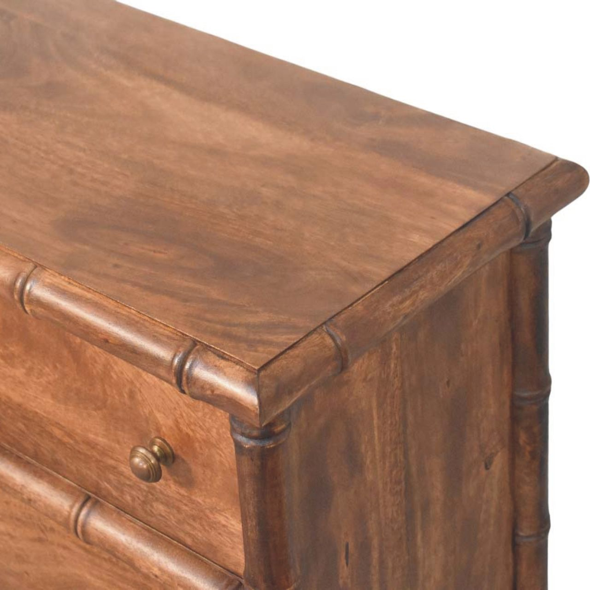 Artisan Furniture Solid Wood Bamboo Carved 3 Drawer Chest with Brass Knobs – Bedroom Storage, Brown