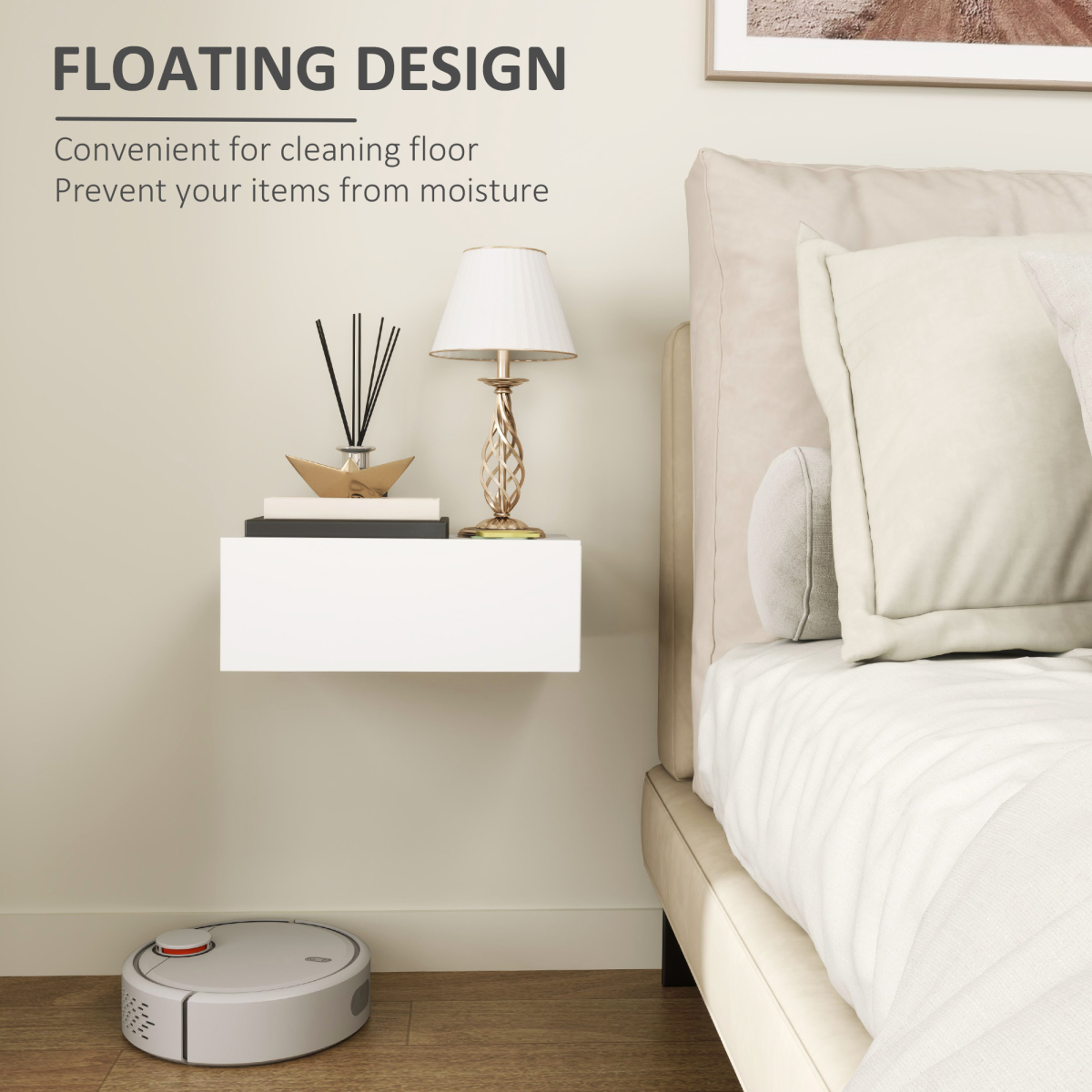 HOMCOM Floating Bedside Table with Drawer – Wall-Mounted Space-Saving Nightstand for Bedroom, White