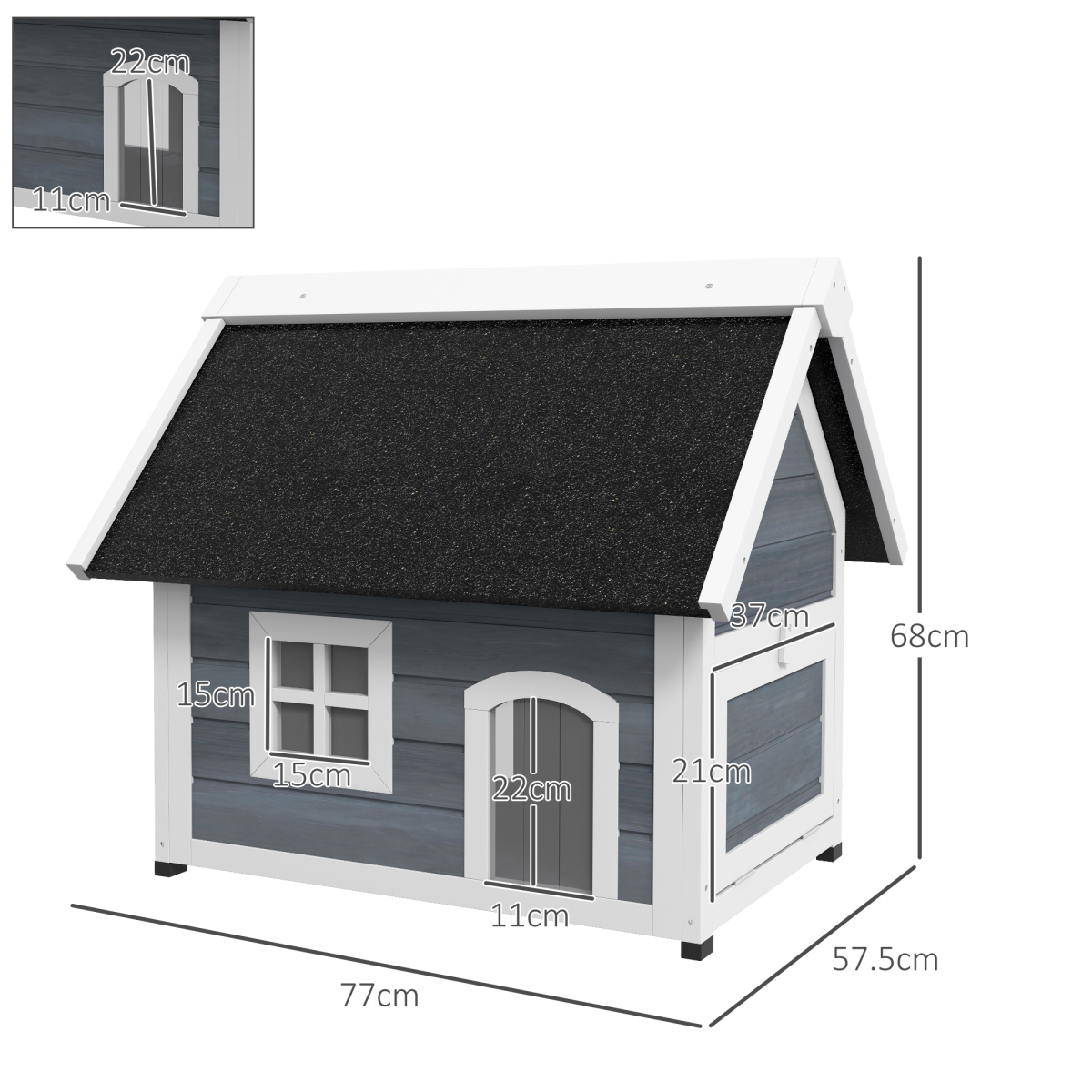 PawHut Outdoor Feral Cat House with Openable Asphalt Roof and Three Doors – Fir Wood Shelter, Grey