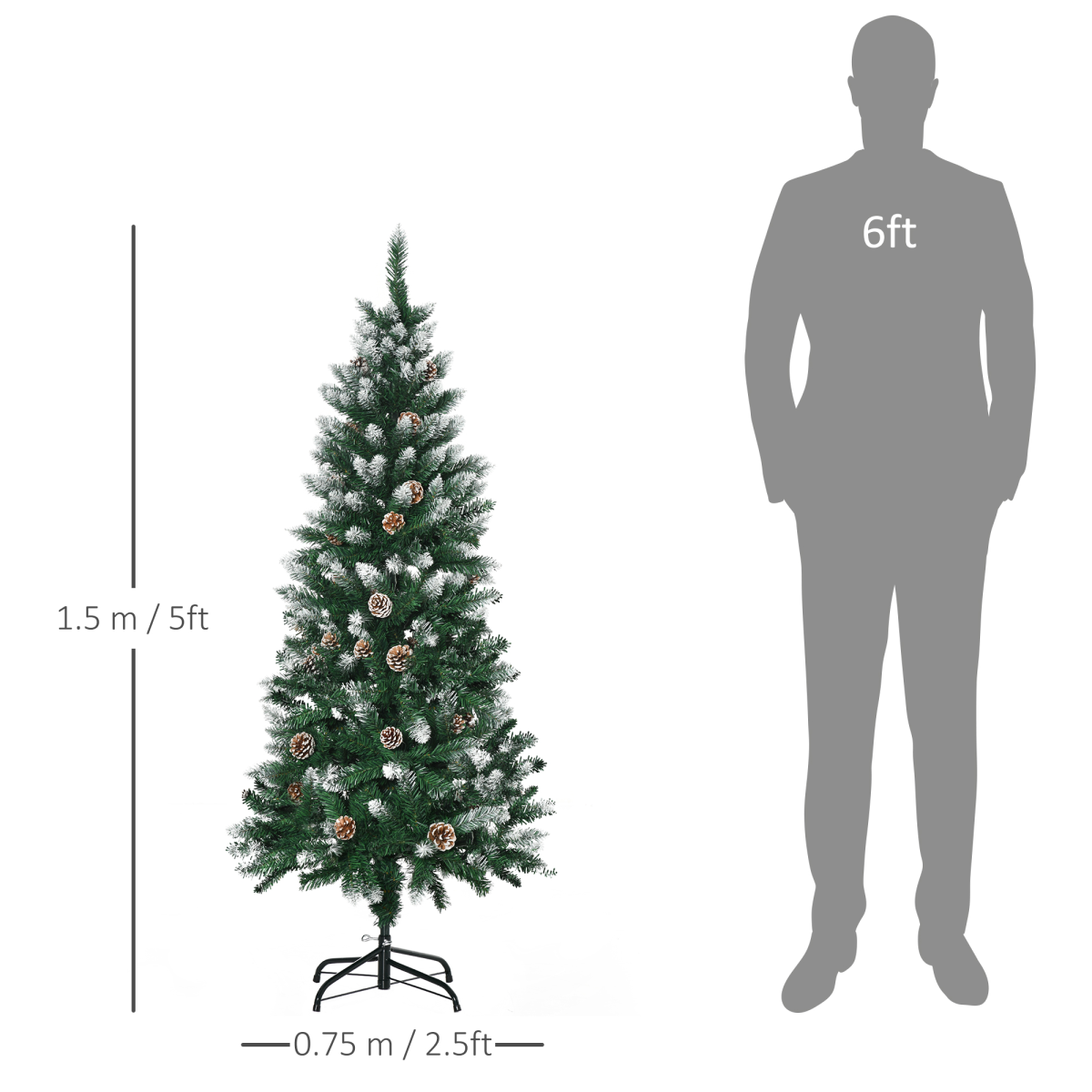 HOMCOM 5ft Snow Artificial Christmas Tree with Pine Cones, Bushy Unlit Tips & Steel Base – Holiday Home Decor