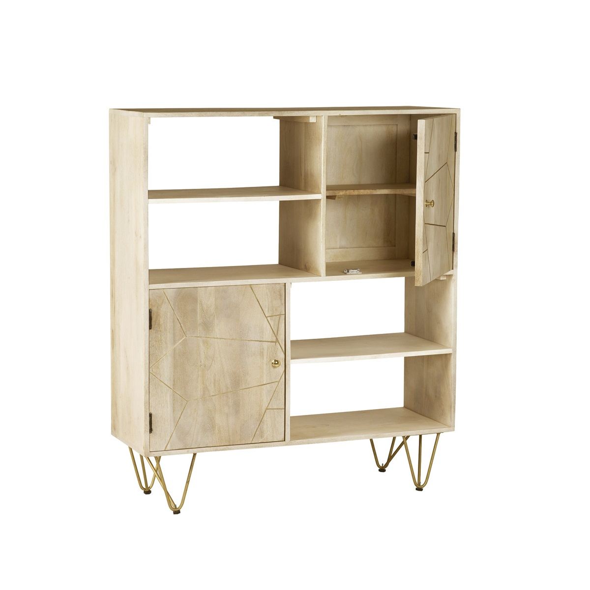 Solid Wood Display Cabinet with Light Gold Metal Inlay – Modern Storage and Display Unit