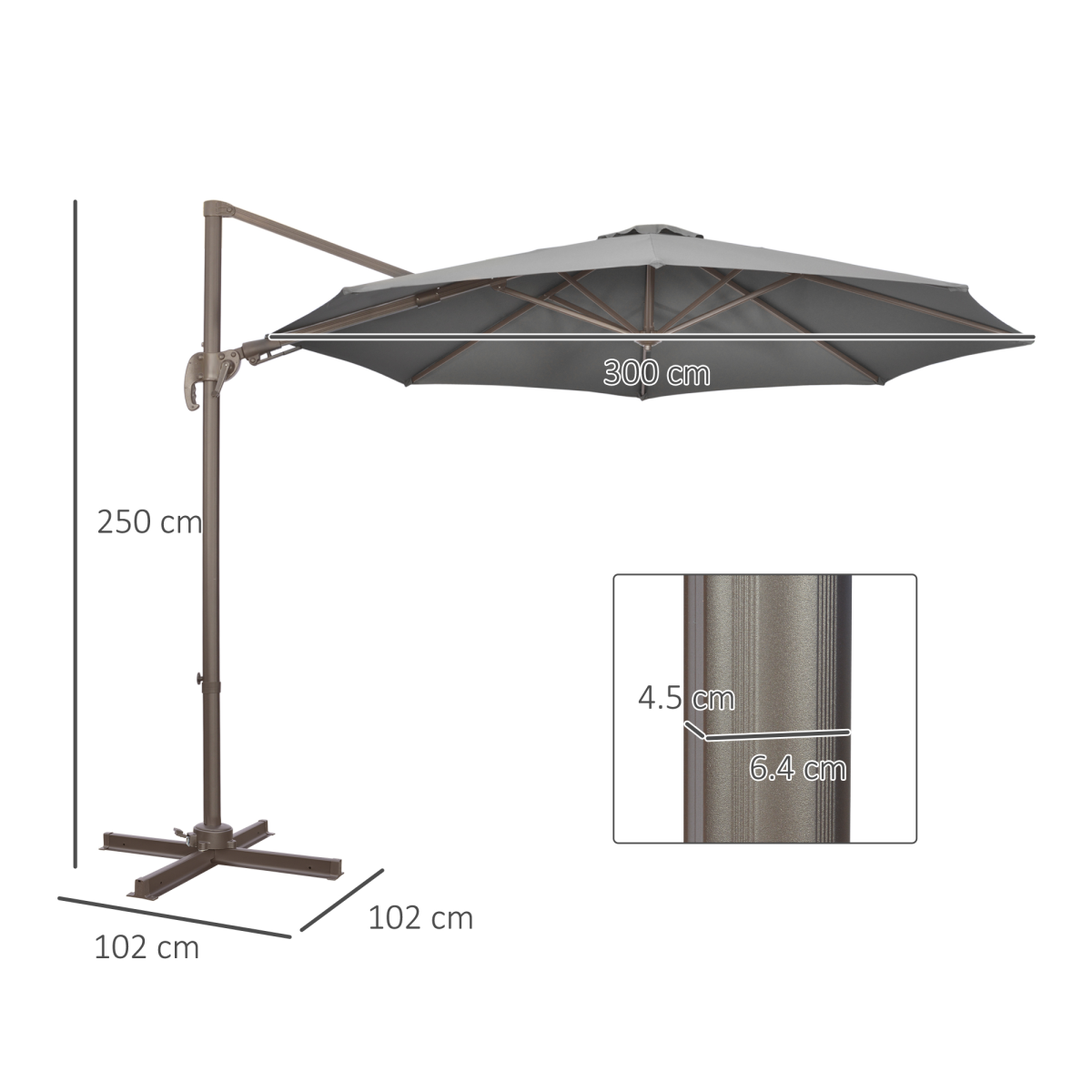 Outsunny 3m Cantilever Parasol with 360° Rotation, 4-Position Tilt & Foot Pedal – Roma Garden Umbrella, Grey
