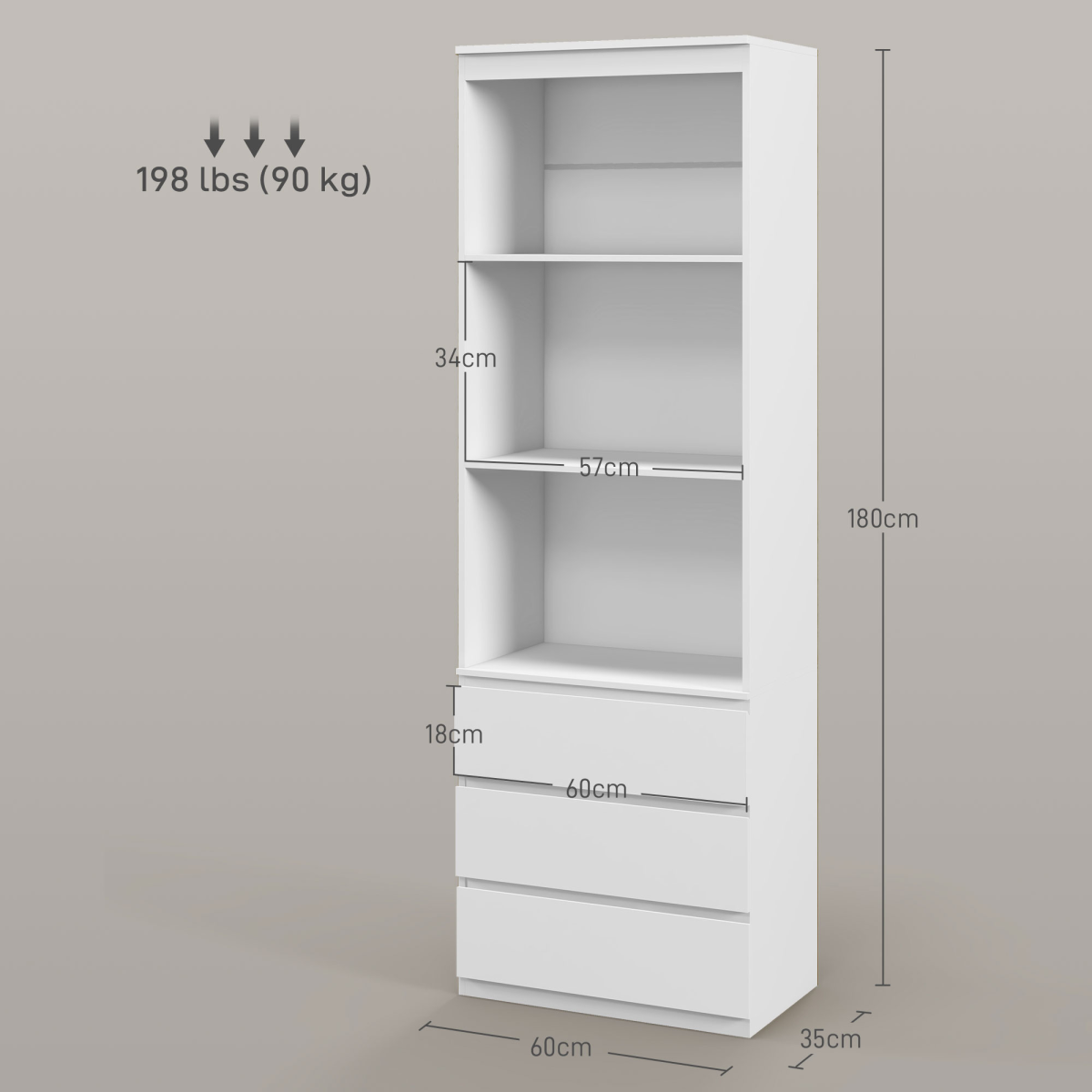 HOMCOM 180cm Tall Bookshelf Storage Unit with 3 Drawers & Open Shelves – Living Room Bookcase, White