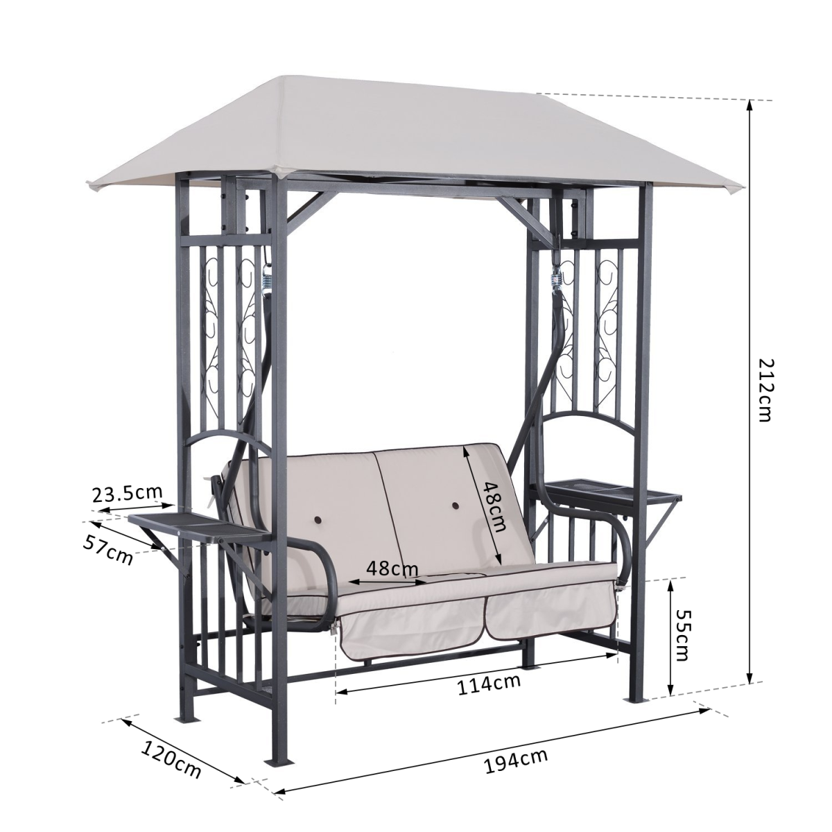Outsunny 2-Seater Canopy Swing Chair with Side Tables & Cushions – 2-in-1 Garden Gazebo Swing, Steel Frame
