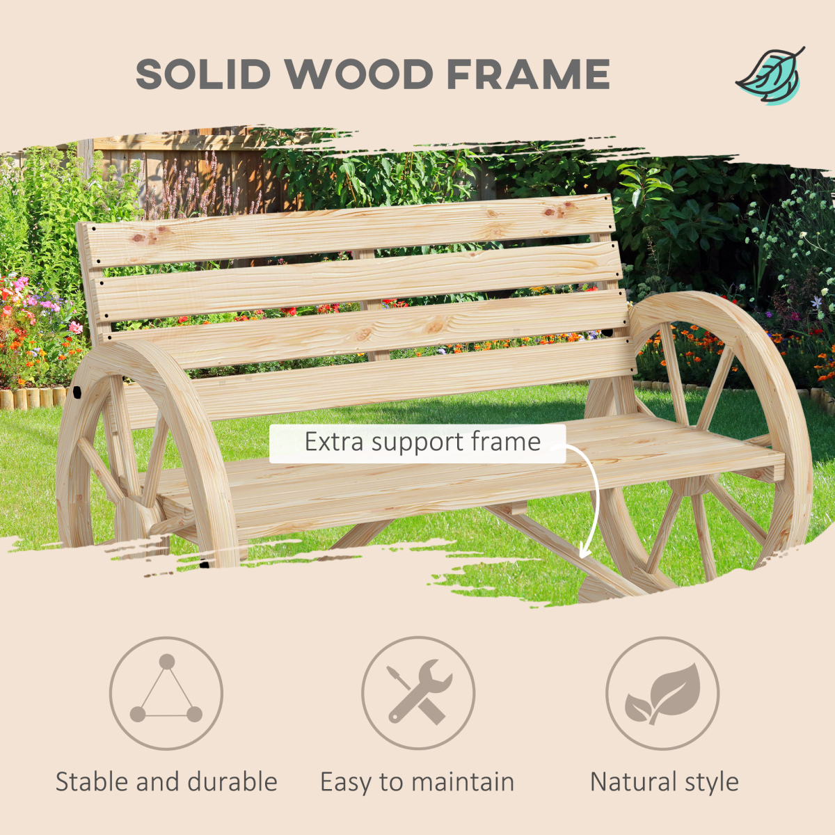 Outsunny 2-Seater Solid Fir Wood Garden Bench with Wagon Wheel Armrests and High Back – Outdoor Loveseat, Natural