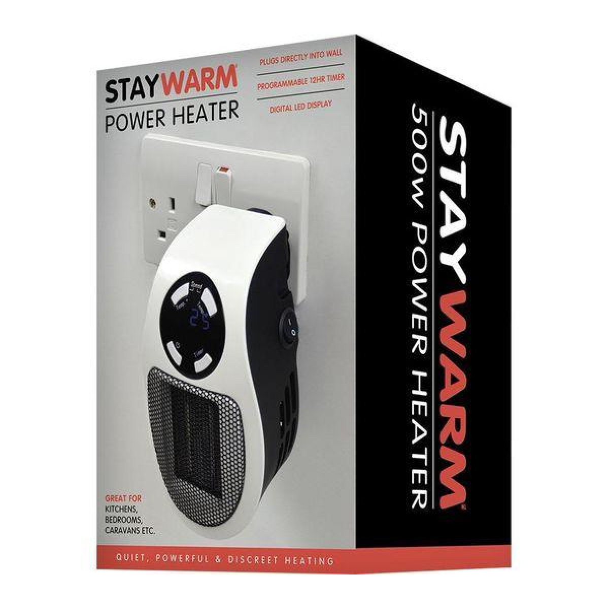 Lloytron Staywarm 500W Plug-In Ceramic Fan Heater with LED Display & Timer – Overheat Protection, White