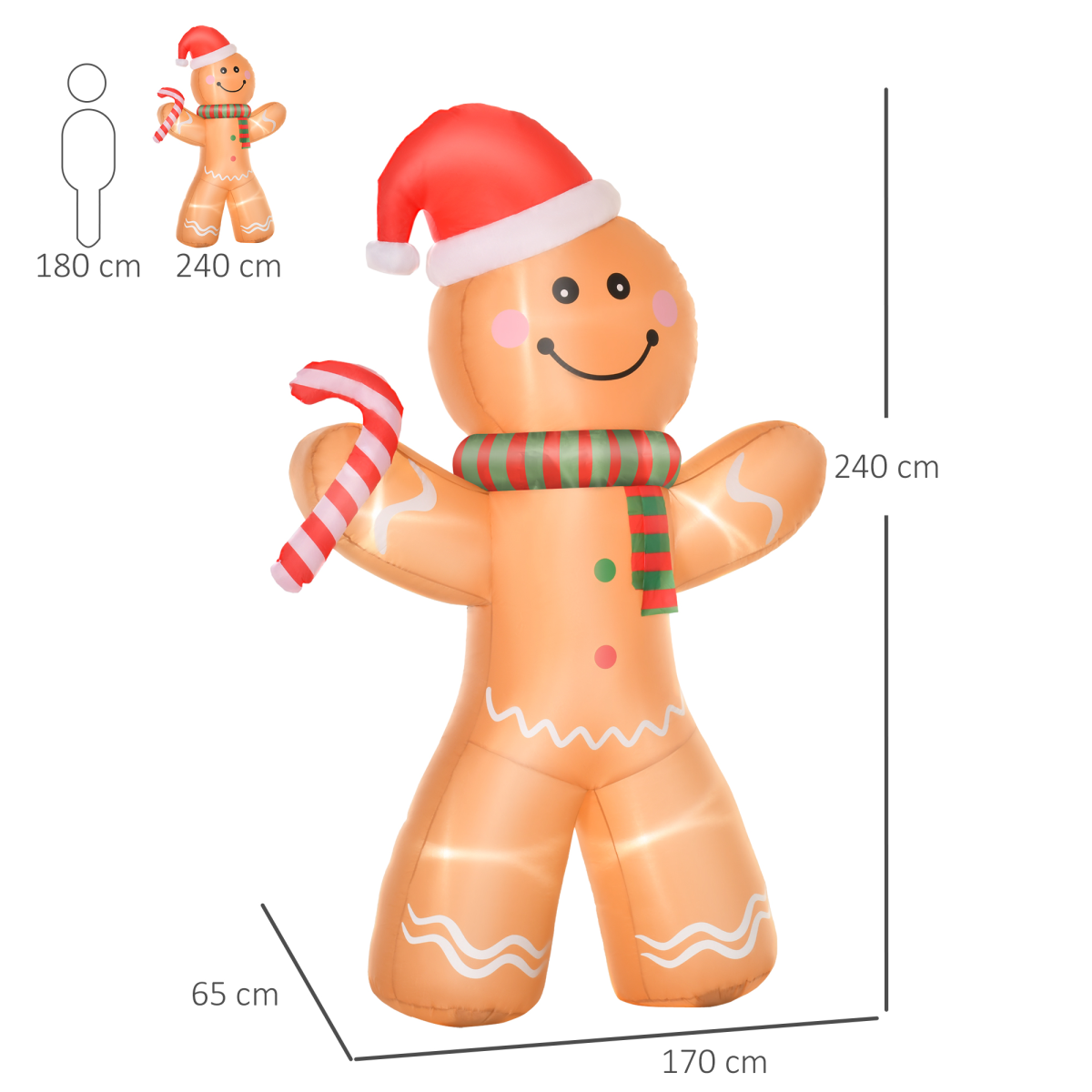 HOMCOM 8ft Inflatable Christmas Gingerbread Man with Internal Lights – Indoor Outdoor Festive Yard Decoration