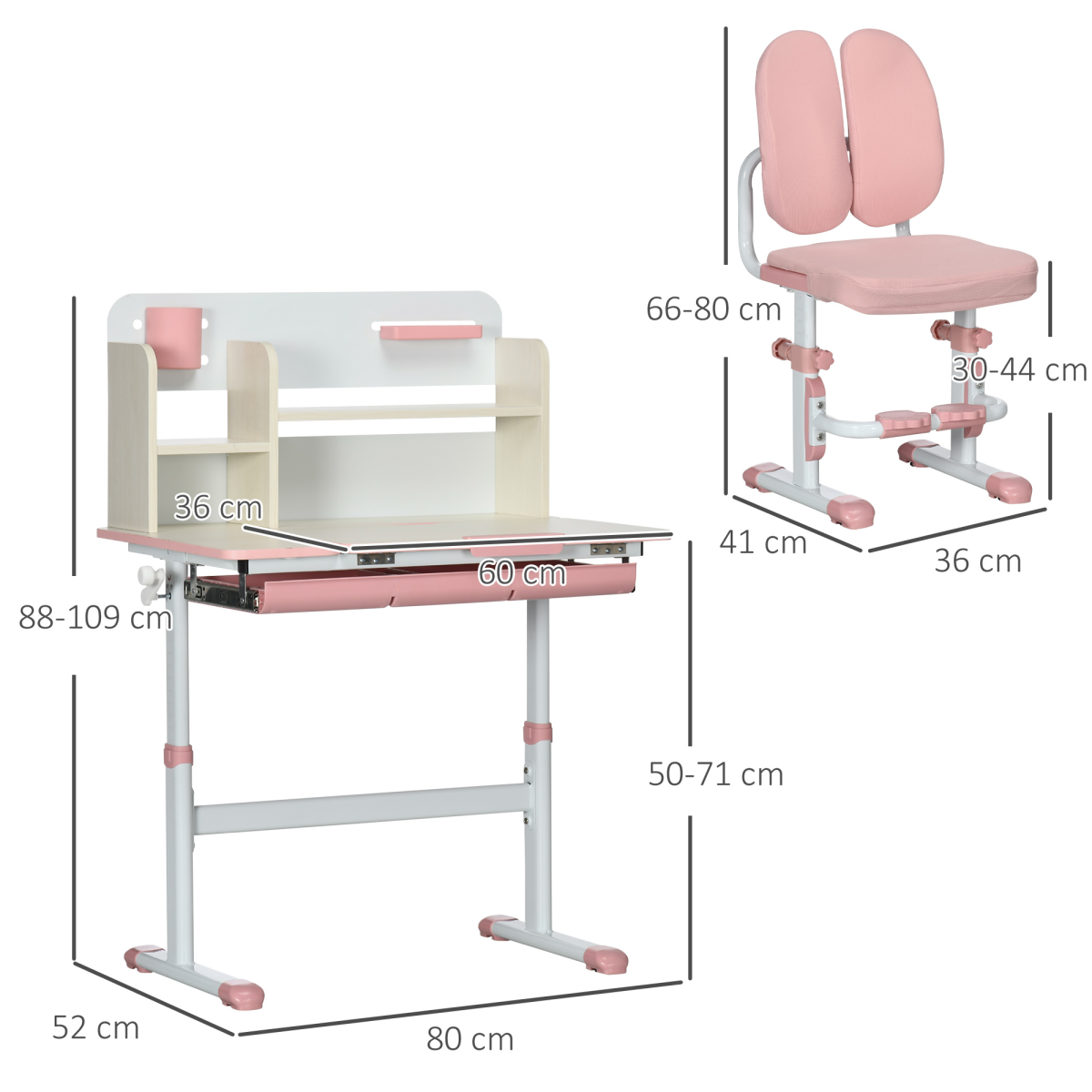 HOMCOM Kids Desk and Chair Set with Adjustable Height, Storage Drawer & Washable Seat Cover – Study Set, Pink