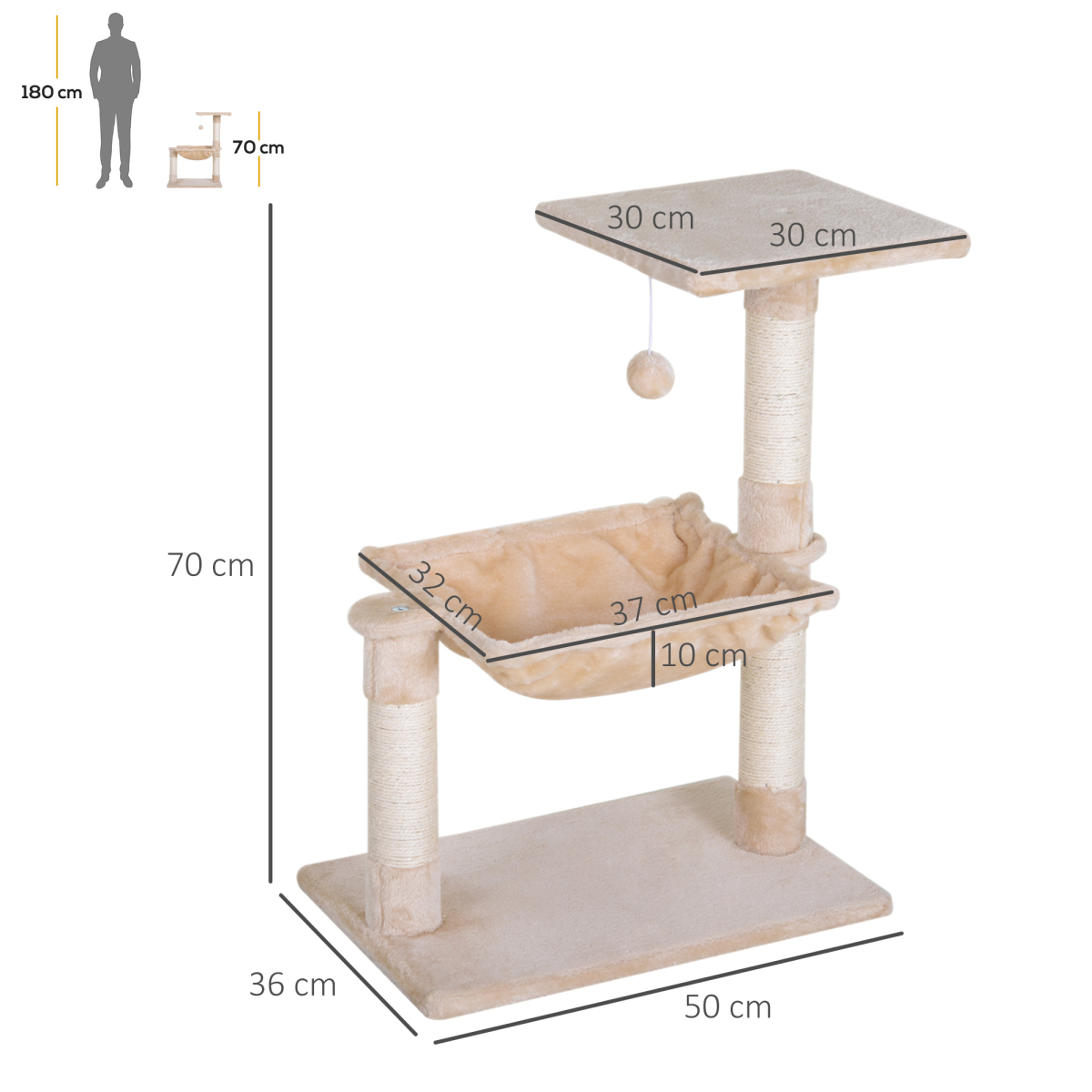 Pawhut Two-Tier Cat Activity Tree with Hammock, Sisal Scratching Posts and Hanging Ball – Kitten Play Tower