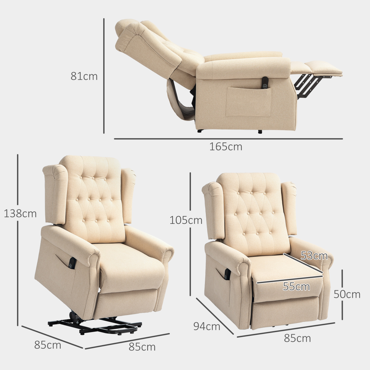 HOMCOM Power Lift Wingback Recliner Armchair, Button Tufted with 150° Recline – Riser Chair, Beige