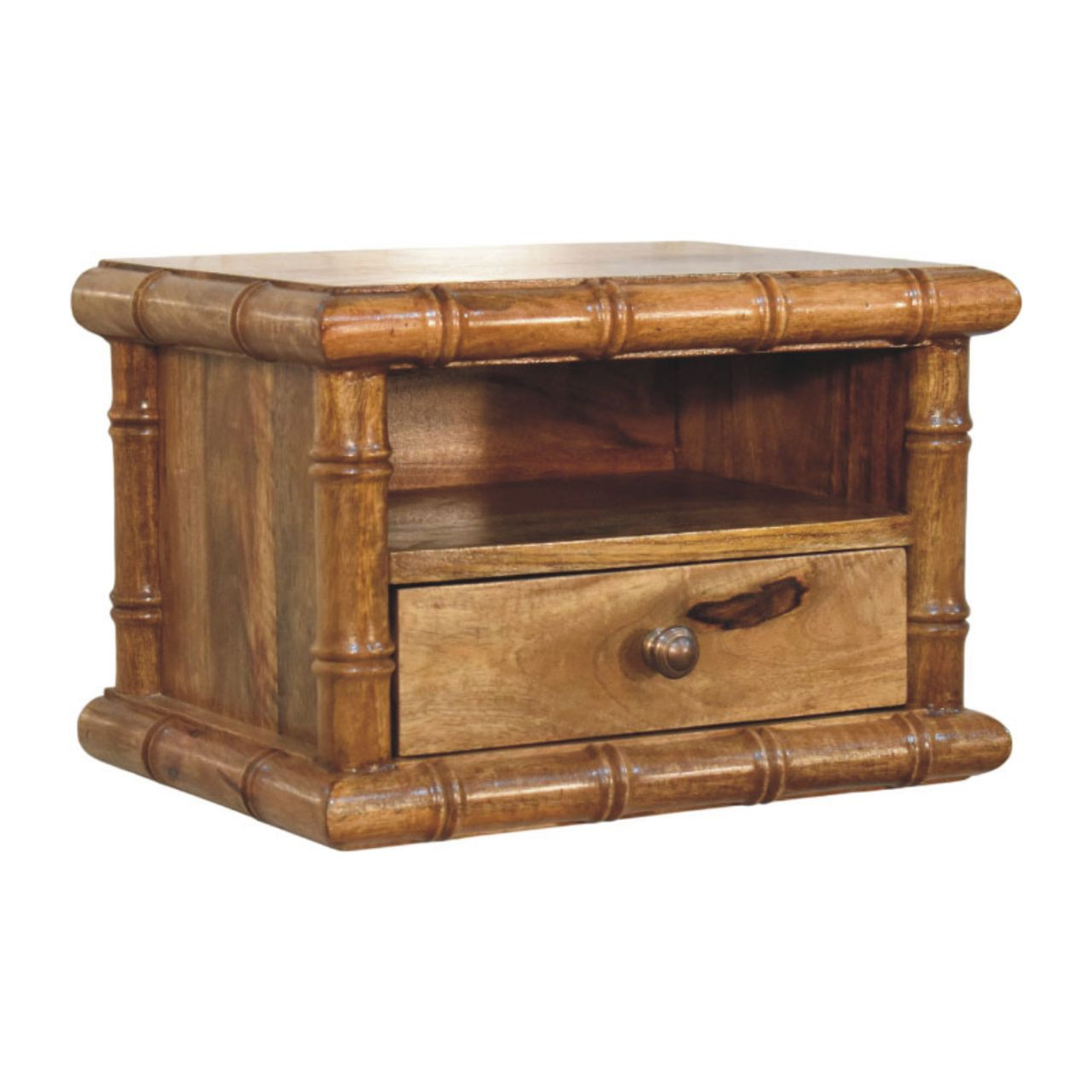 Artisan Furniture Solid Wood Bamboo Open Bedside with 1 Drawer & 1 Shelf – Amber Oak Finish, Brown