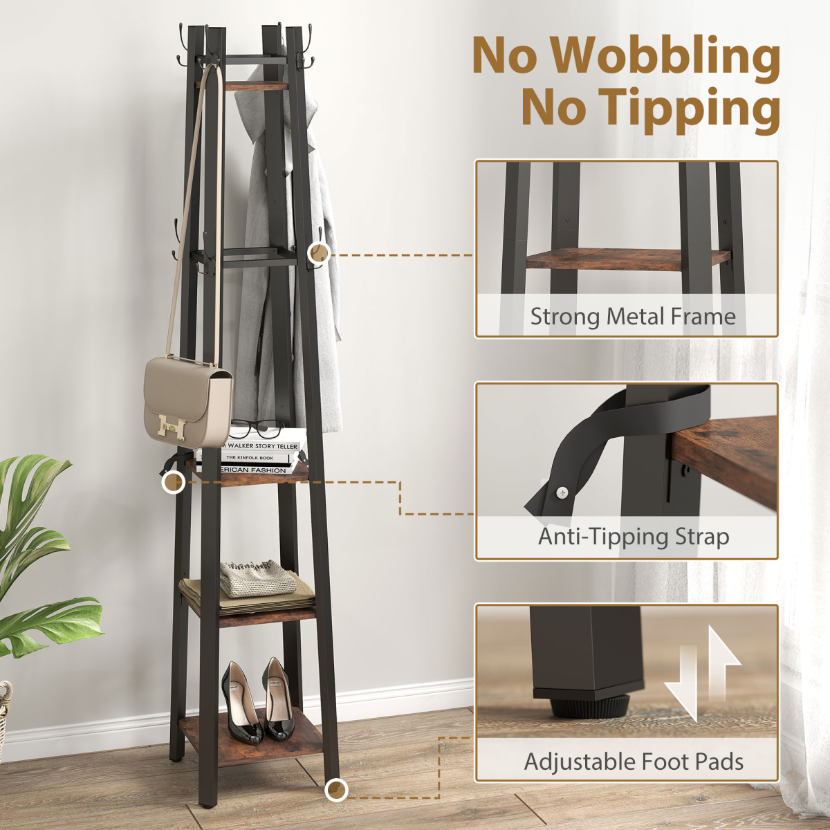 Industrial Coat Stand with 4 Shelves & 8 Triple Hooks – Slim Hallway Storage, Rustic Brown