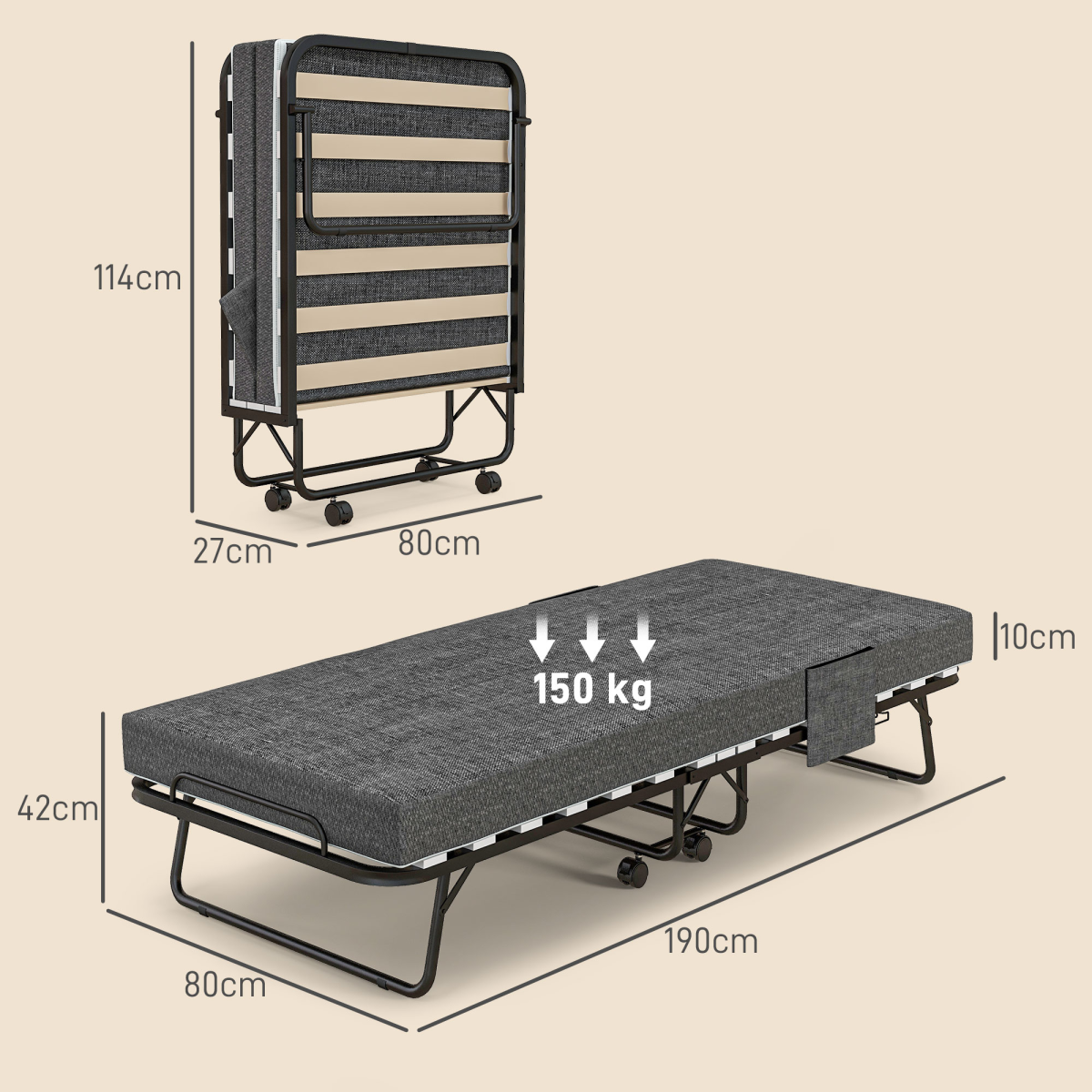 HOMCOM Folding Guest Bed with Mattress, Wheels & Dust Cover – Compact Spare Bed, Dark Grey
