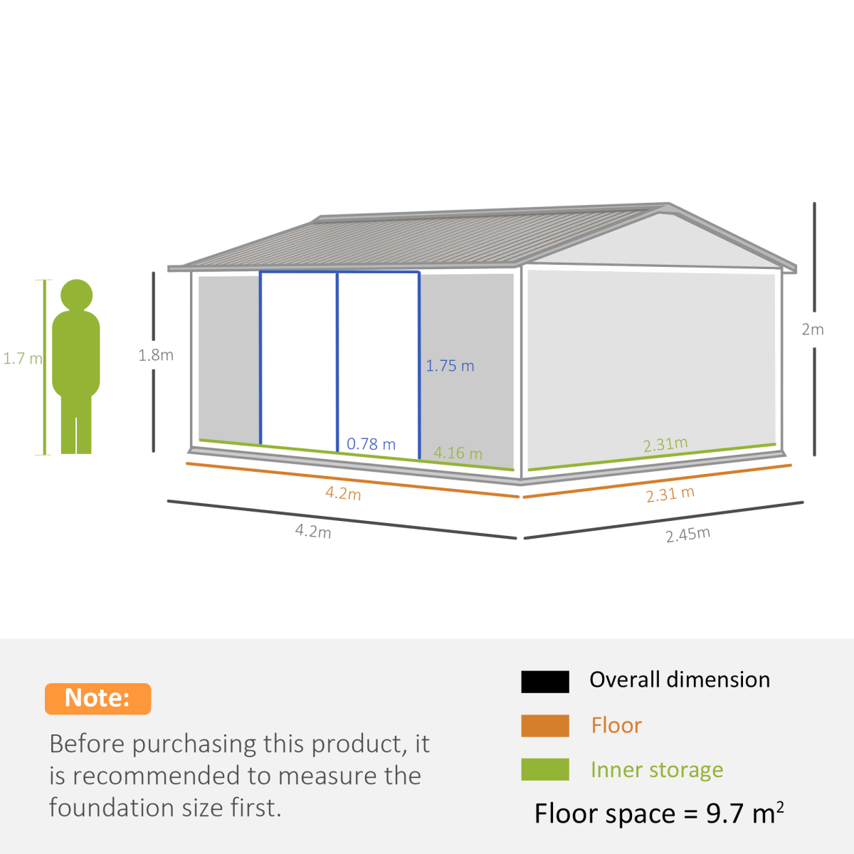 Outsunny 420 x 245 cm Galvanised Steel Garden Shed with Sloped Roof and Double Doors – Tool Storage, Grey