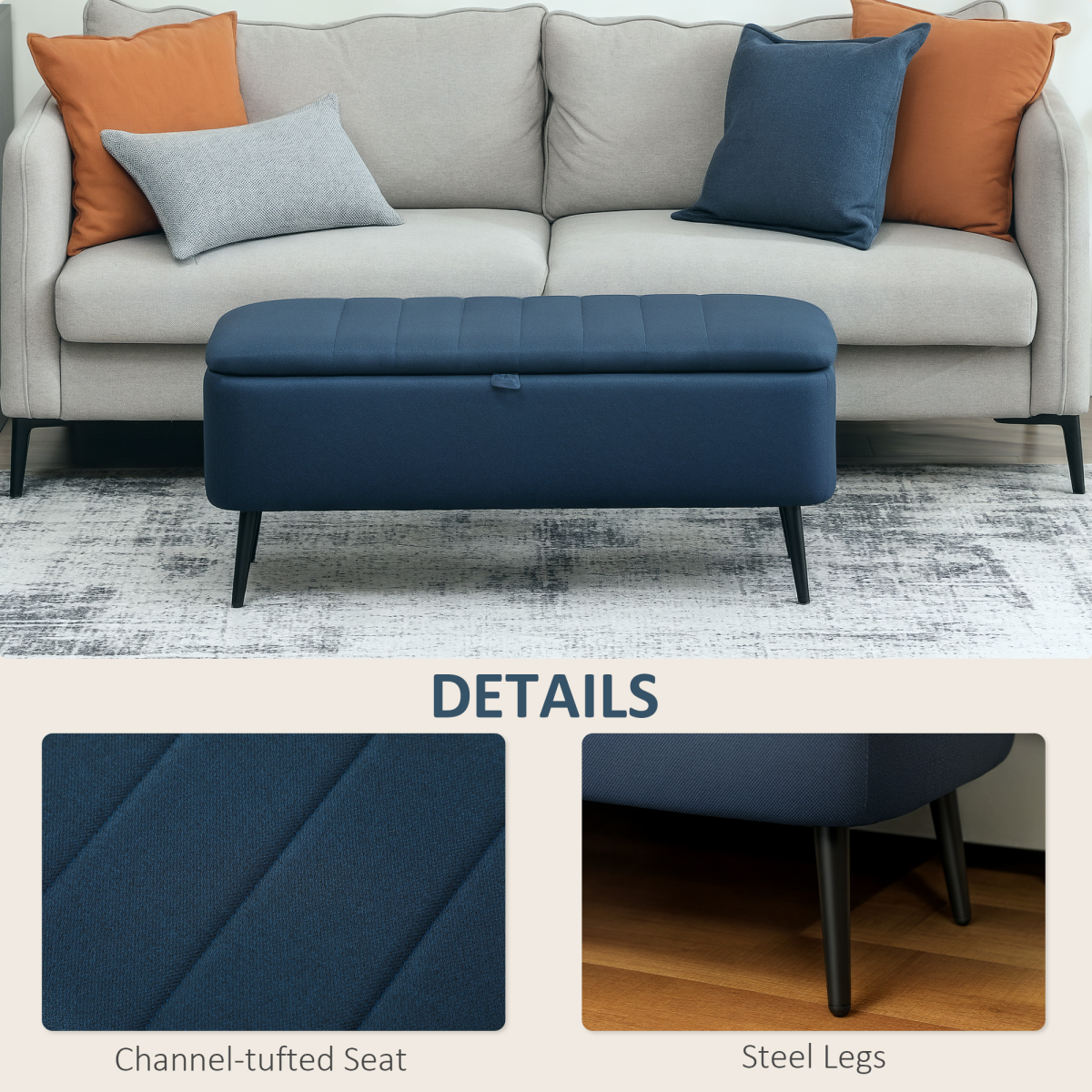 Storage Ottoman Bench with Padded Lid & Steel Legs – 102cm Linen-Touch Footstool with Hidden Storage, Dark Blue