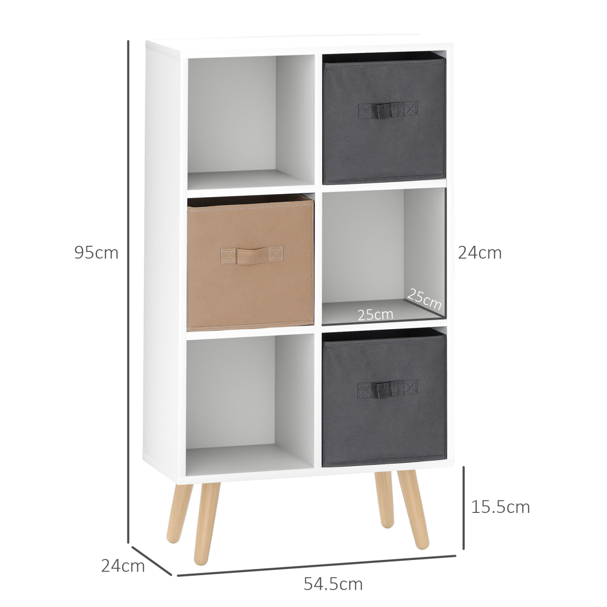 HOMCOM Freestanding 6 Cube Storage Bookcase with 3 Fabric Drawers – Bedroom, Dining Room, Office, White