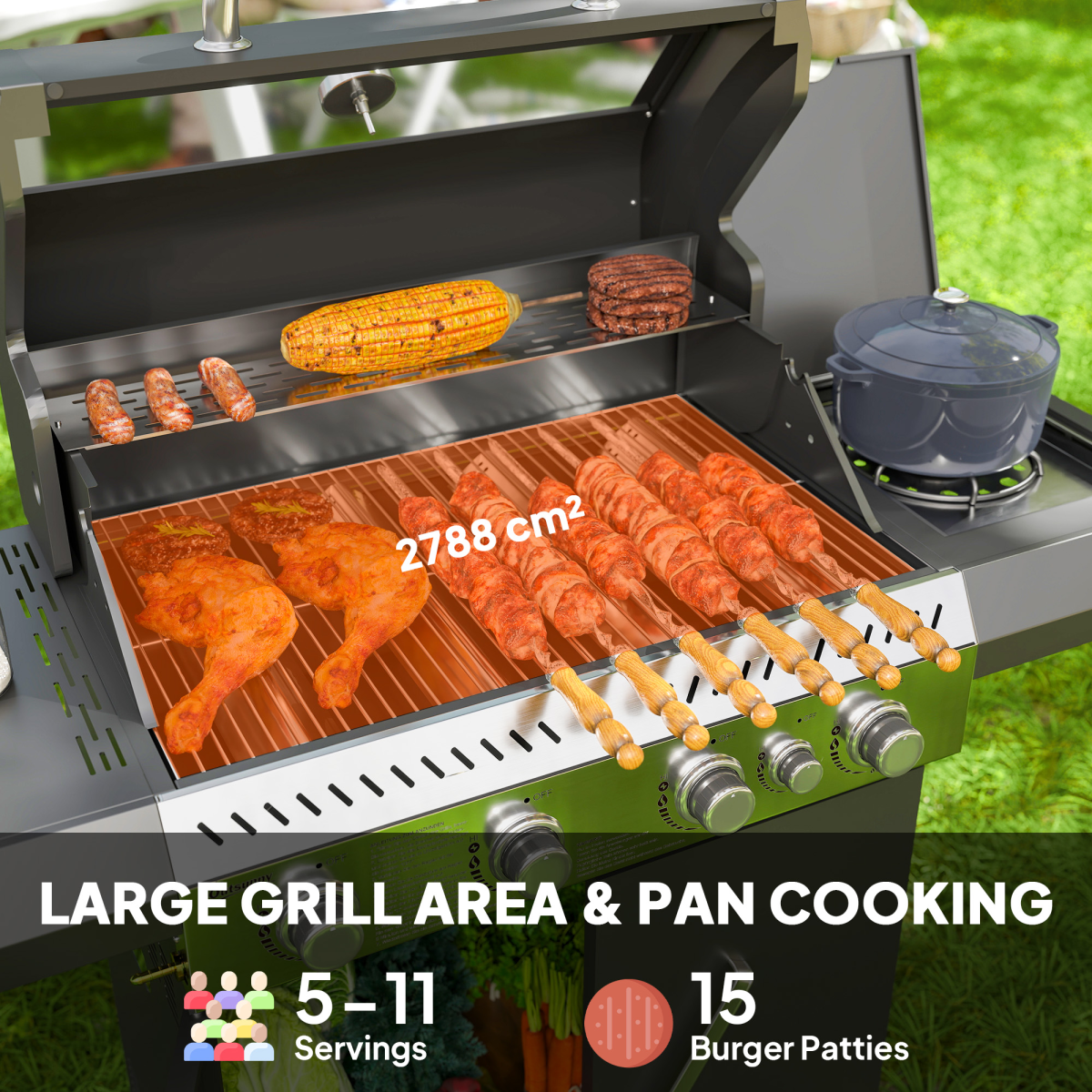 Outsunny 4+1 Burner Gas BBQ Grill with Clear View Lid, Thermometer and Storage Cabinet – Propane Barbecue on Wheels, Black