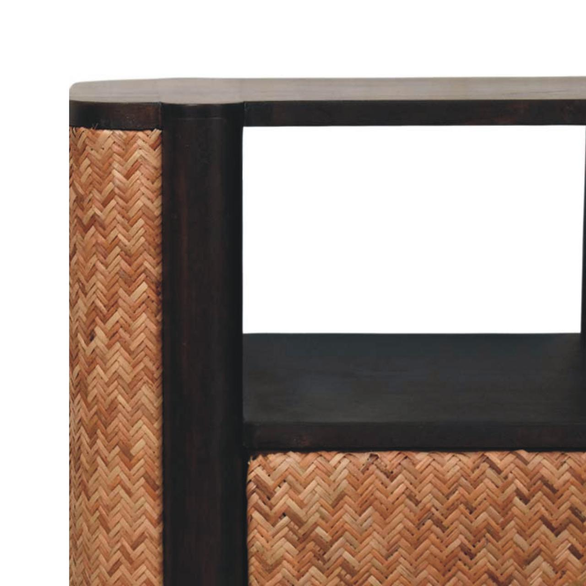 Artisan Furniture Solid Wood Rattan Curve Edge Nightstand with 2 Drawers and Shelf – Bedroom, Dark Brown