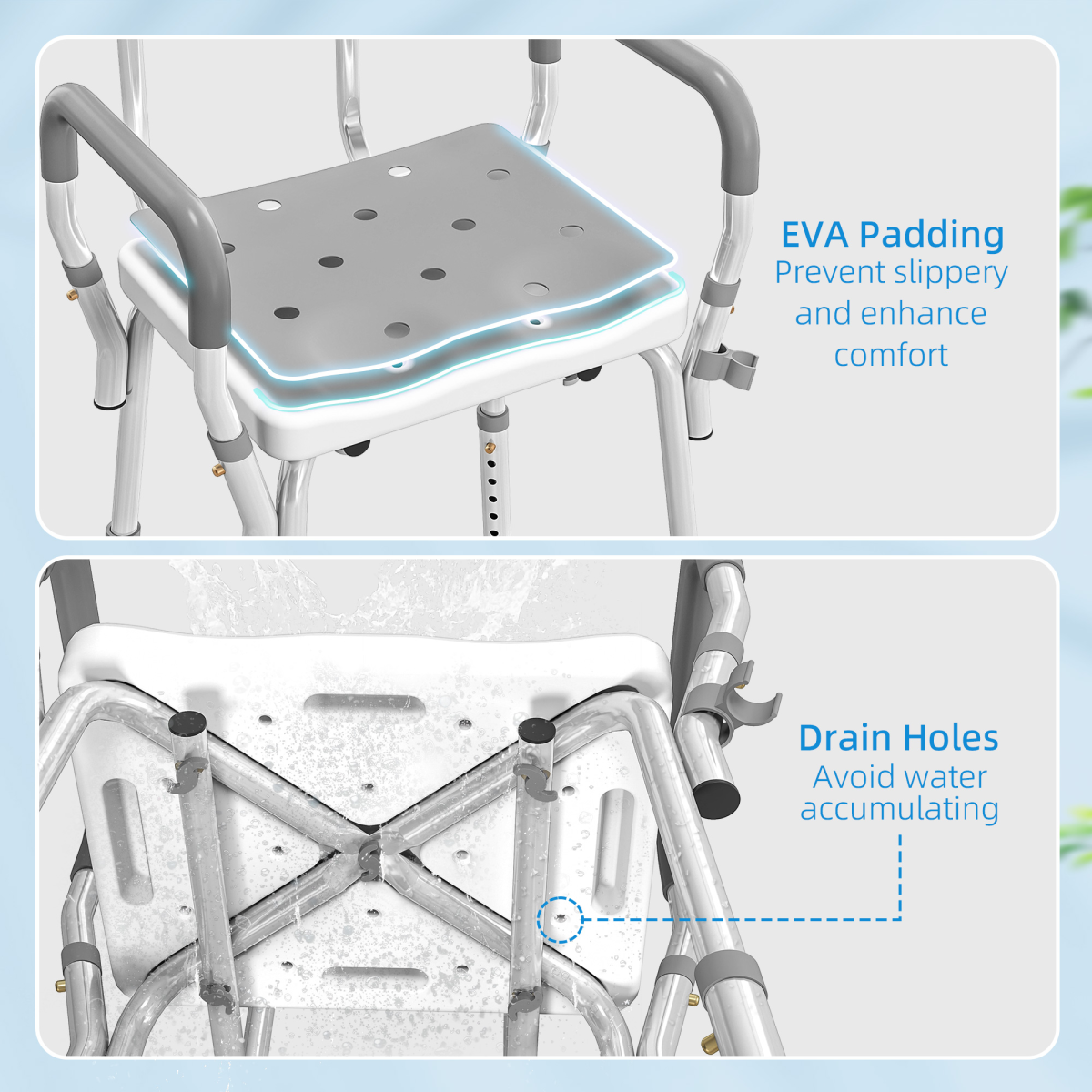 HOMCOM Padded Shower Stool with Arms, Back & 4 Suction Foot Pads – Height Adjustable Bath Seat, Grey
