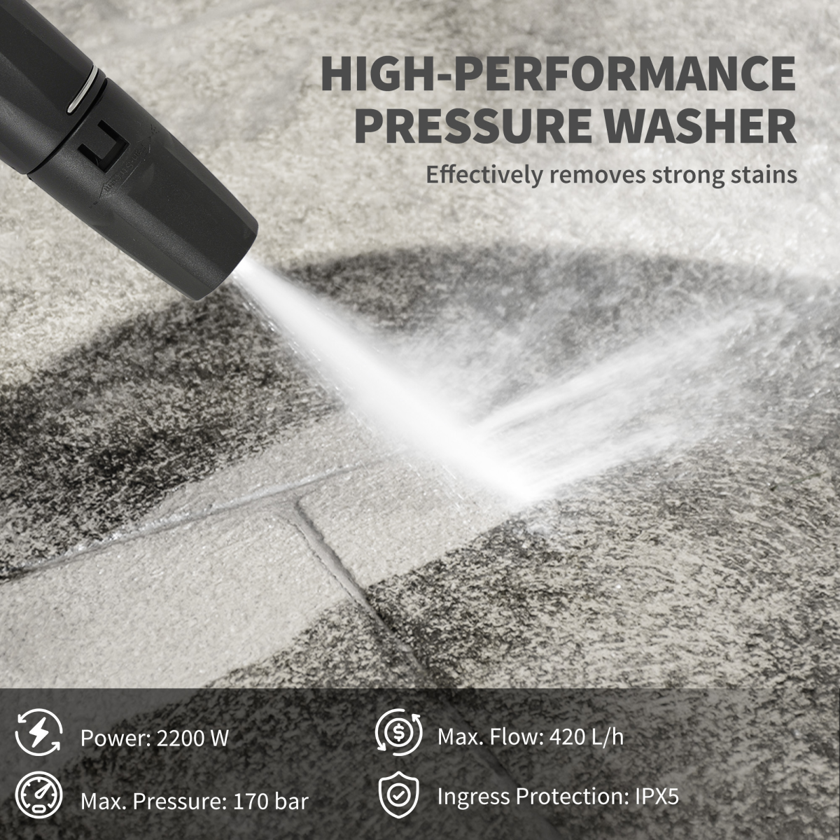 Outsunny 2200W Power Washer with 170 Bar Pressure, Adjustable Nozzle and Hose Reel – Snow Foam Bottle Included