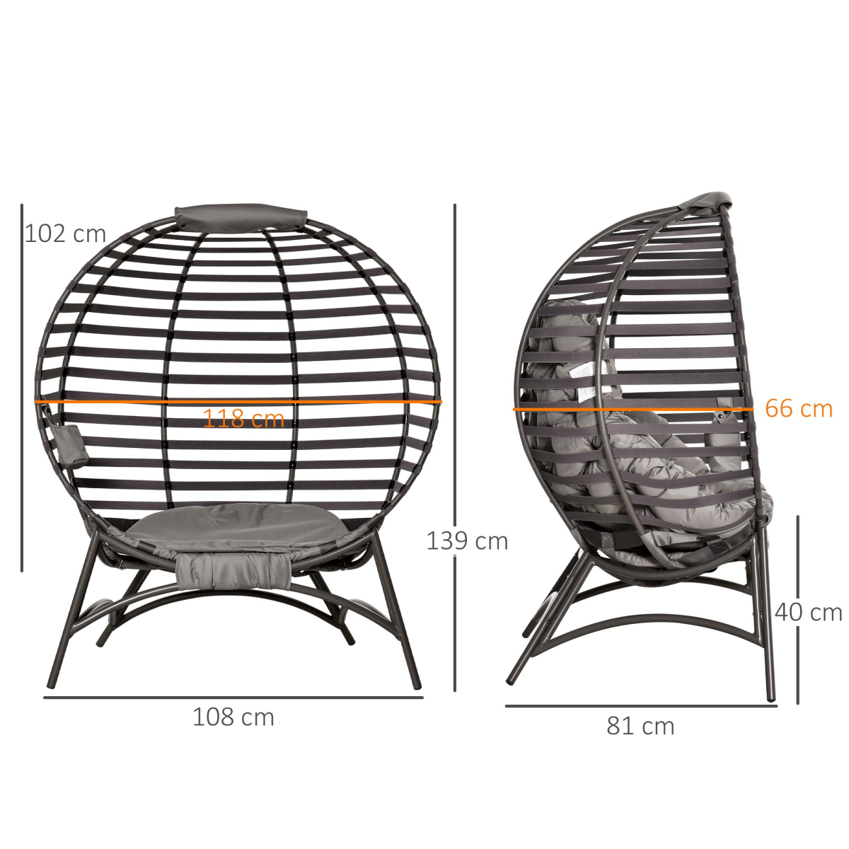 Outsunny Foldable Egg Chair with Padded Cushion, Steel Frame and Side Pocket – Indoor and Outdoor Lounge Seat