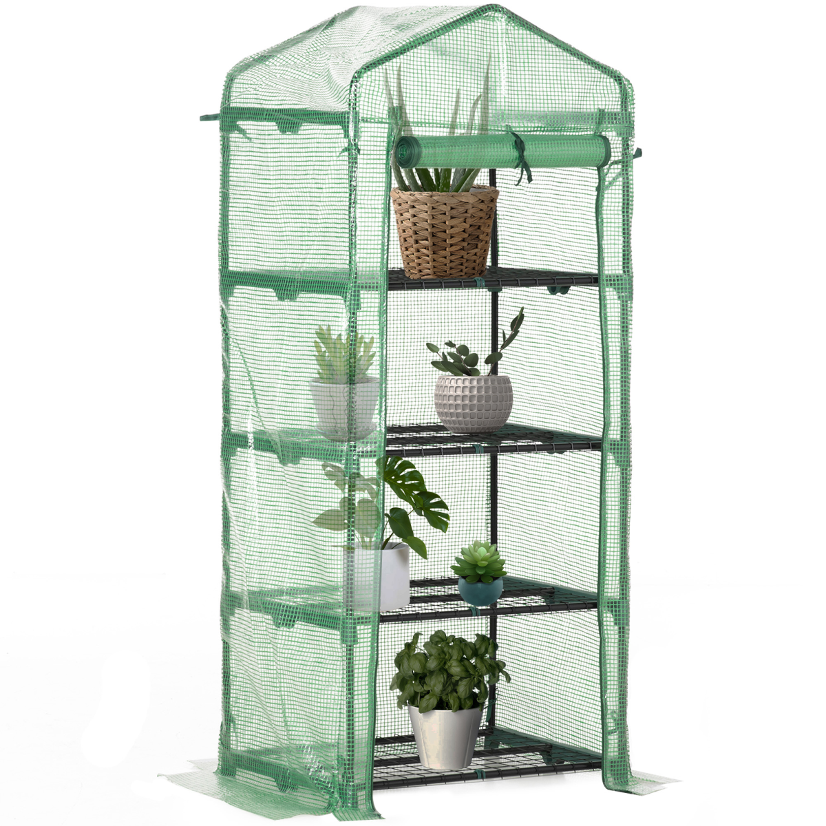 4-Tier Mini Greenhouse with Zipped Roll-up Door – Steel Frame Plant Grow House, 70 x 50 x 160cm, Dark Green