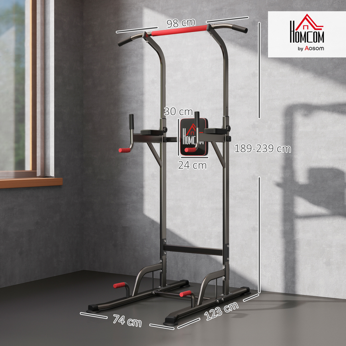 HOMCOM Power Tower Station with Pull Up Bar & Dip Station – 7 Height Levels, Home Gym Upper Body Workout
