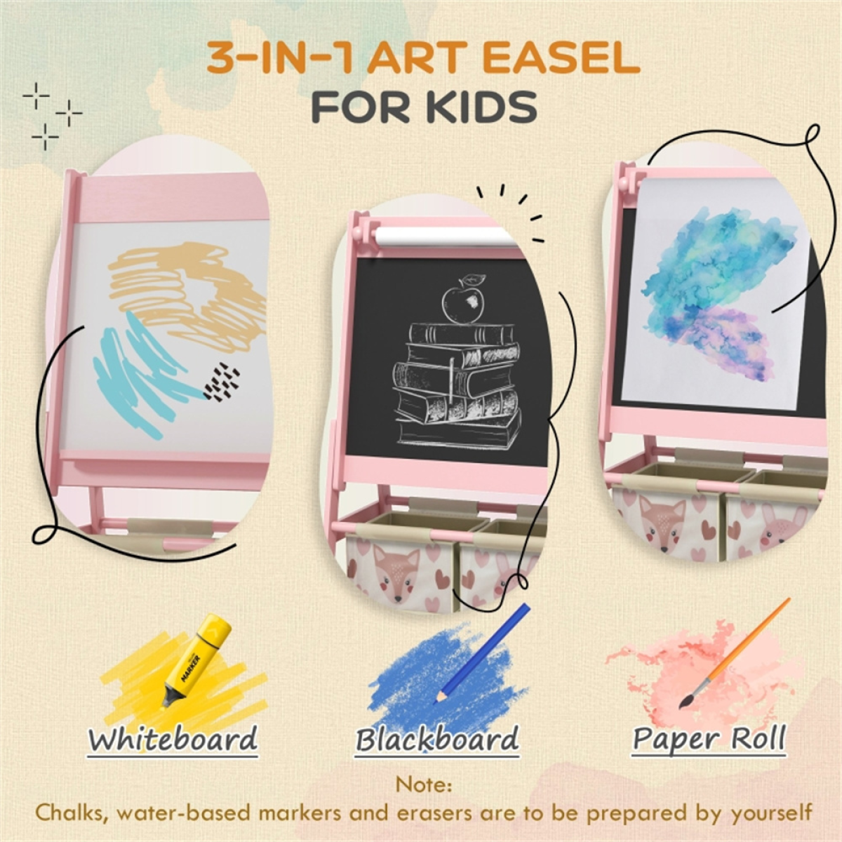 3-in-1 Kids Art Easel with Blackboard, Whiteboard & Paper Roll, 2 Storage Baskets – Animal Design, Pink