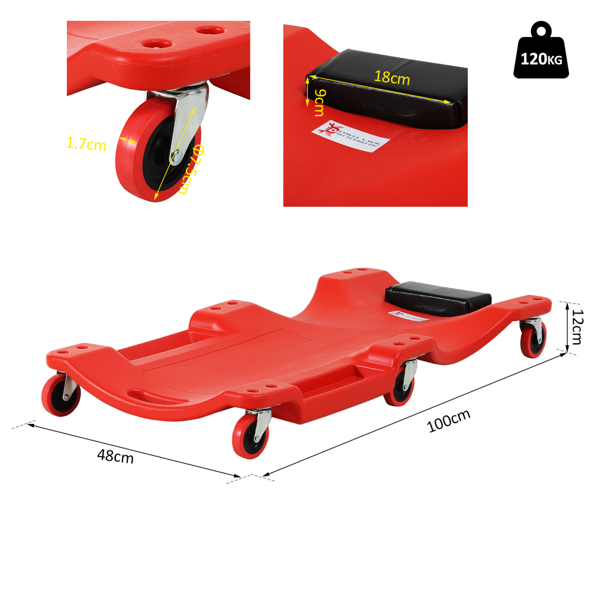 DURHAND Mechanic Creeper with 6 Castor Wheels, Padded Headrest & Tool Trays – Moulded Garage Workshop Creeper