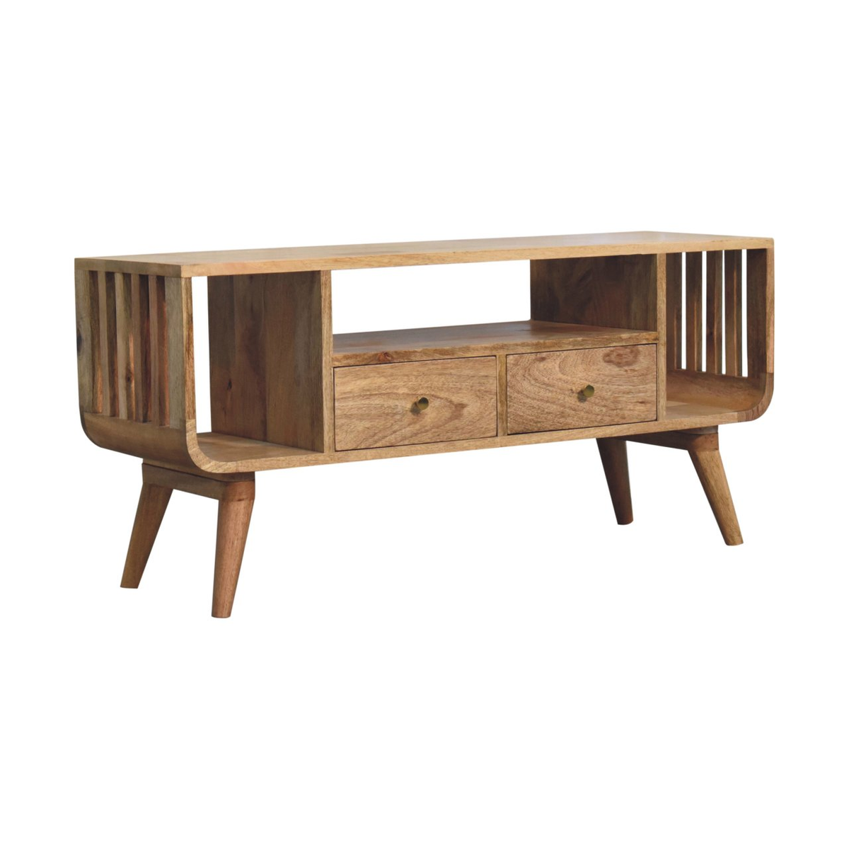 Artisan Furniture Solid Mango Wood Soba Nordic Media Unit, 2 Drawers & T-Bar Handles – TV Storage, Beige