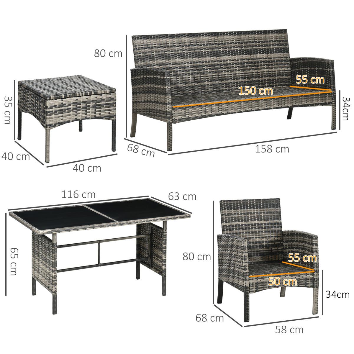 Outsunny Six Piece Rattan Garden Furniture Set with Sofa, 2 Armchairs, 2 Footstools & Glass Table – Grey