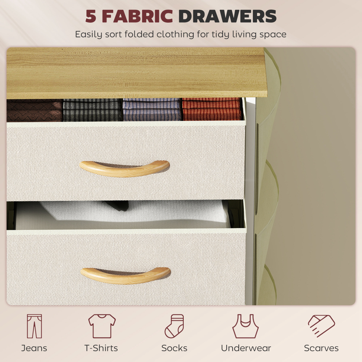 Fabric Chest of Drawers with 5 Foldable Drawers, 4 Side Pockets & Steel Frame – Bedroom Storage Tower