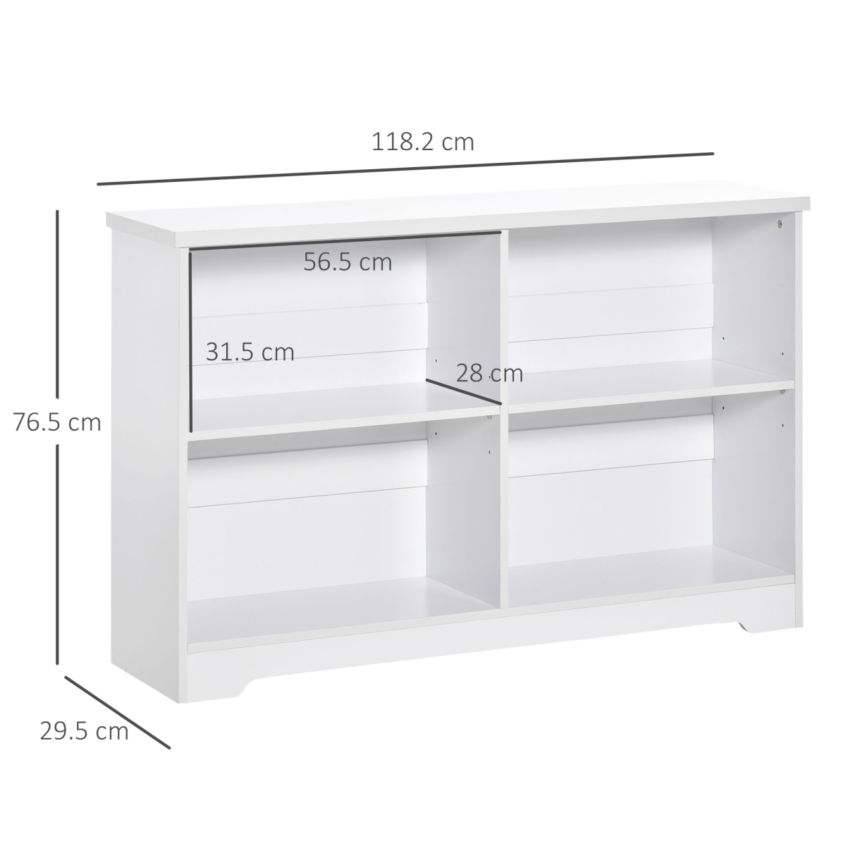 Modern 4-Compartment Low Bookcase with Adjustable Shelves and Anti-Tipping Straps – Cube Display Unit, White