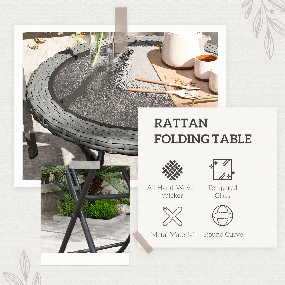 Outsunny Folding Round Garden Table with Tempered Glass Top and PE Rattan Edging – Patio Table, Grey