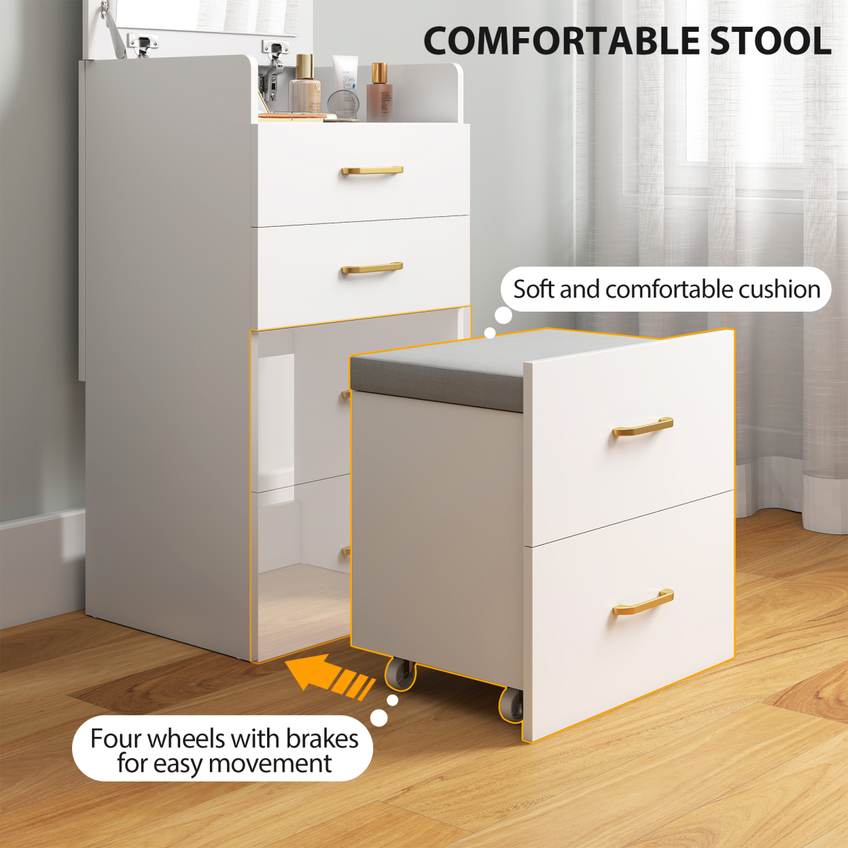 3-in-1 Dressing Table Set with Flip-Up Mirror, Drawers & Stool – Vanity and Nightstand, White