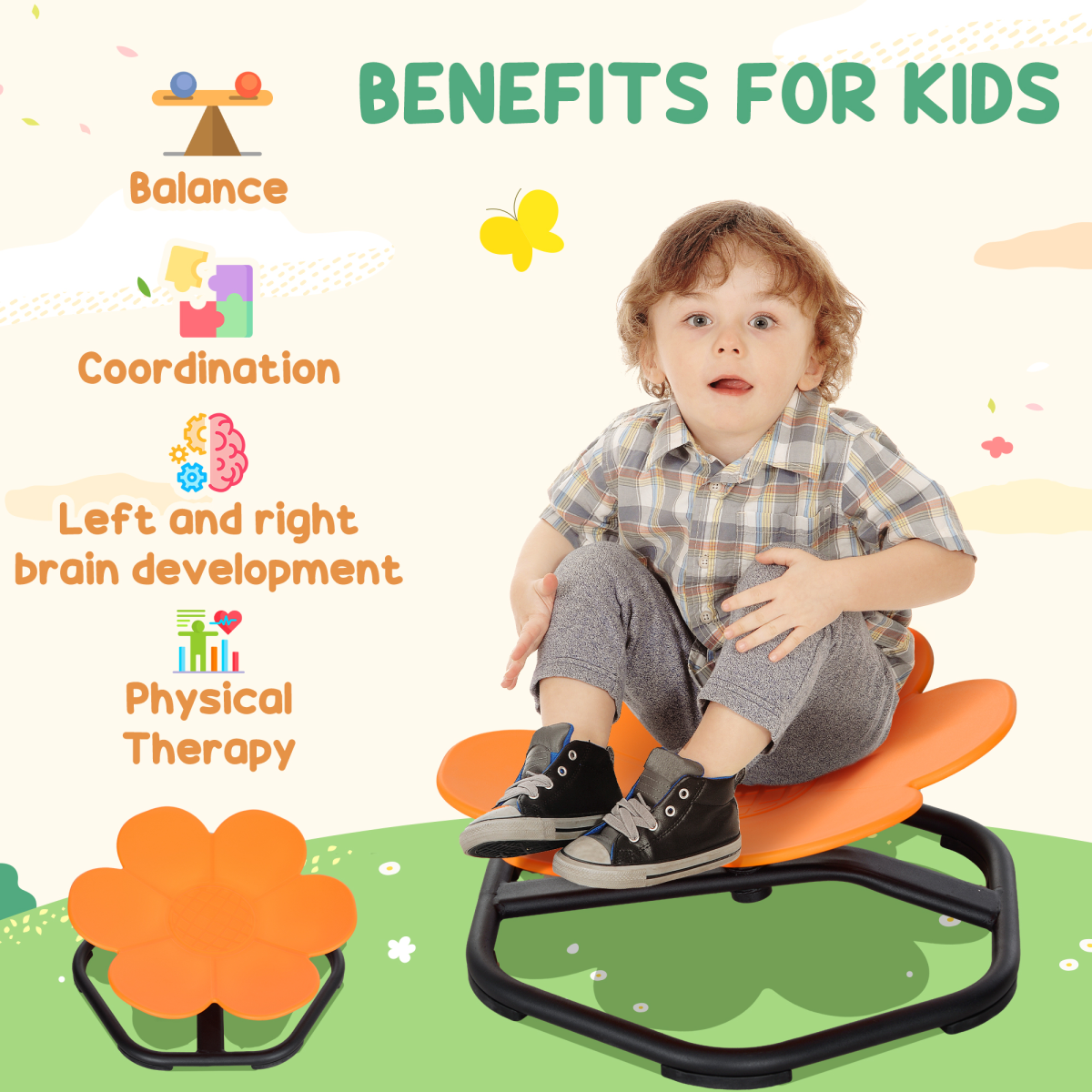 Kids Sensory Spinning Chair with Non-Slip Base – Swivel Seat for Balance & Coordination, Ages 3–6, Orange