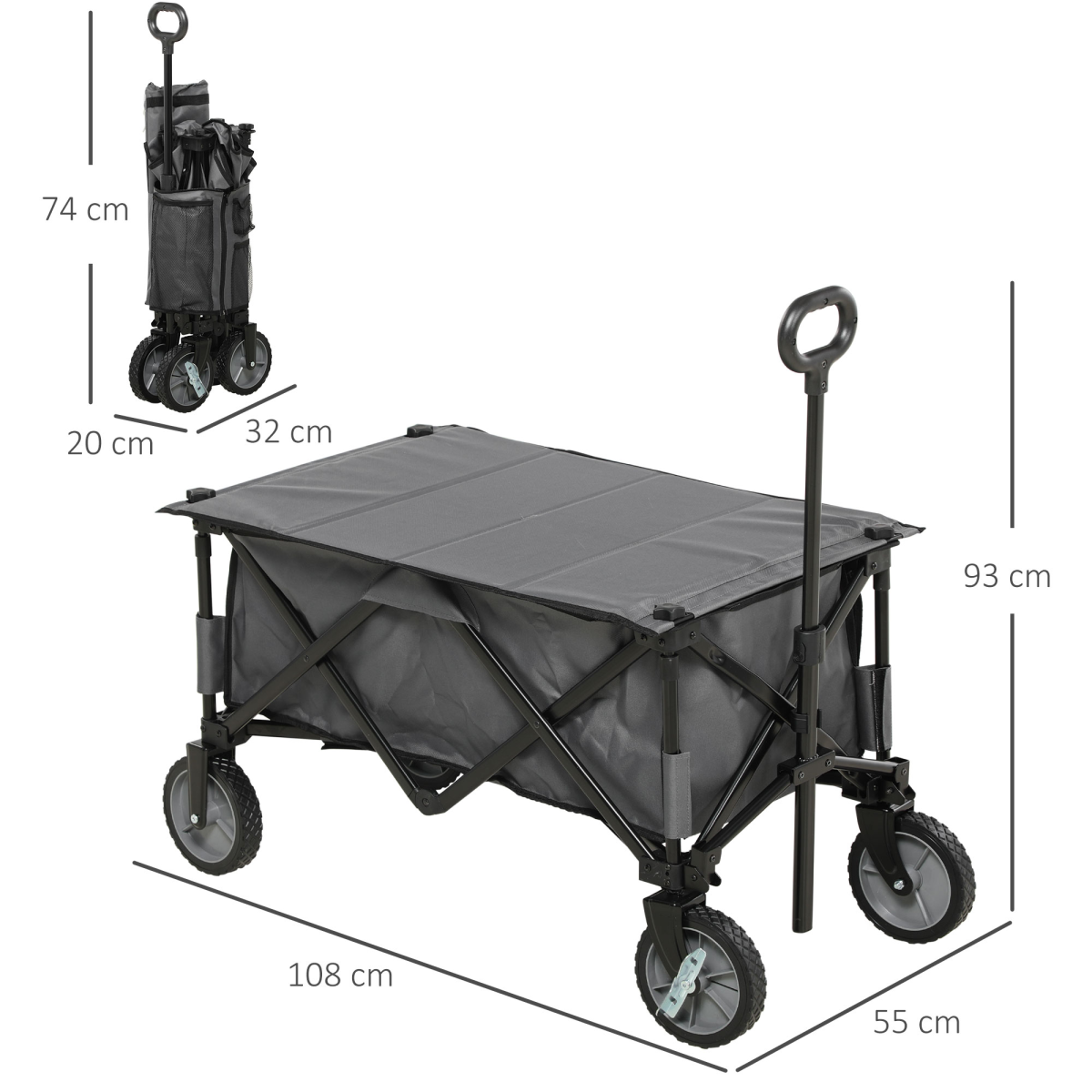 Outsunny Folding Garden Trolley with Folding Board and Carrying Bag – Collapsible Steel Camping Cart, Grey