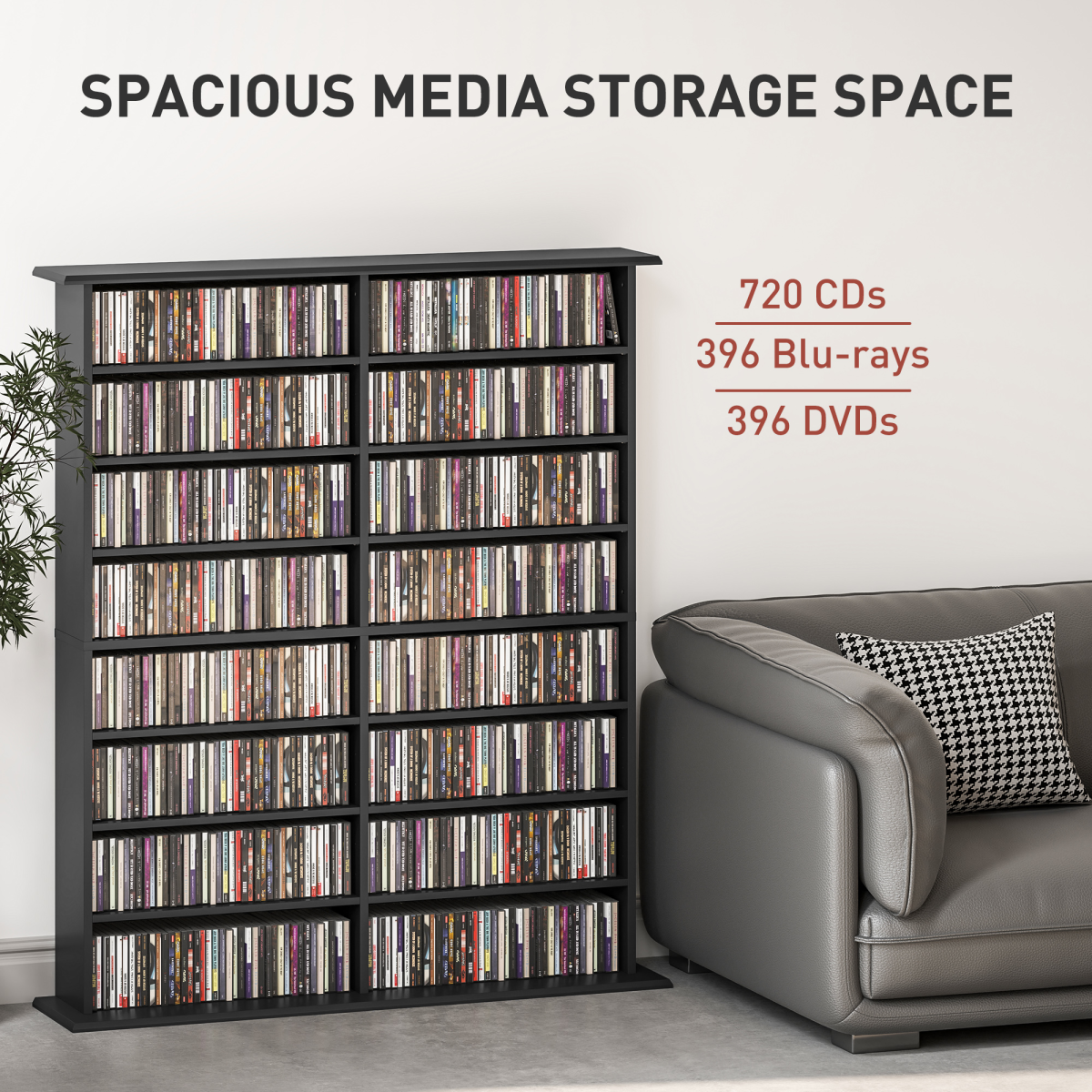 HOMCOM CD and DVD Storage Tower – Holds 720 CDs or 396 DVDs/Blu-rays, Black