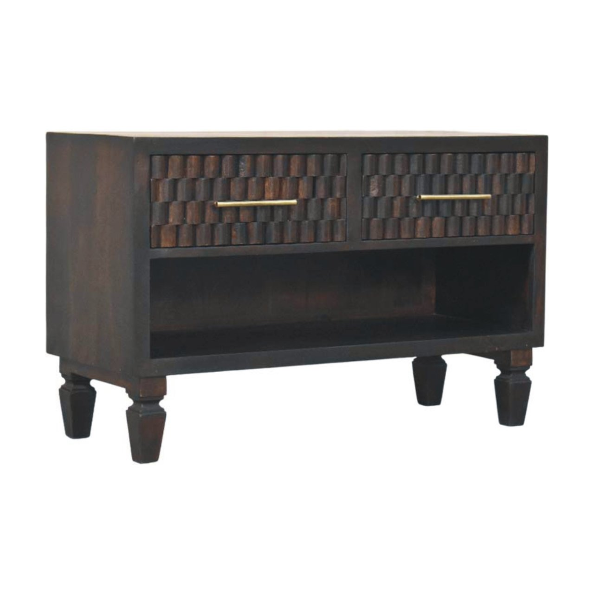 Artisan Furniture Cadiz Carved Solid Mango Wood Shoe Storage Bench – 2 Drawers & 1 Shelf, Dark Brown